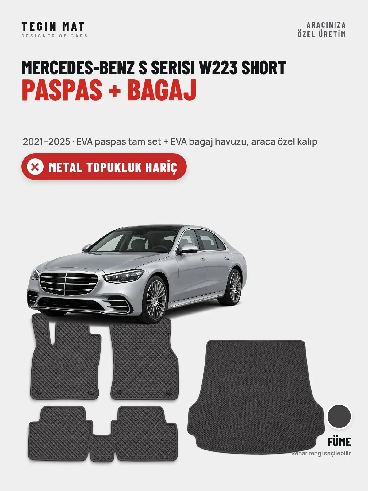 Mercedes-Benz S Serisi W223 Short EVA Paspas + Bagaj Havuzu Seti (2021–2025) Füme – Metal Topukluk Hariç (1)