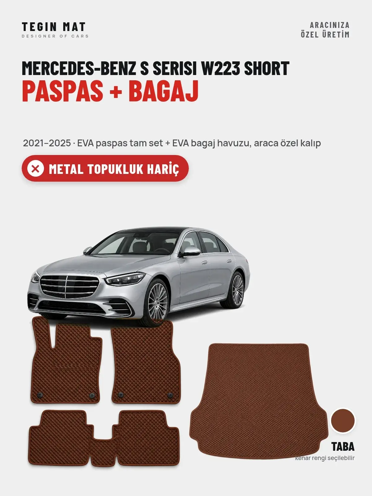 Mercedes-Benz S Serisi W223 Short EVA Paspas + Bagaj Havuzu Seti (2021–2025) Taba – Metal Topukluk Hariç (1)
