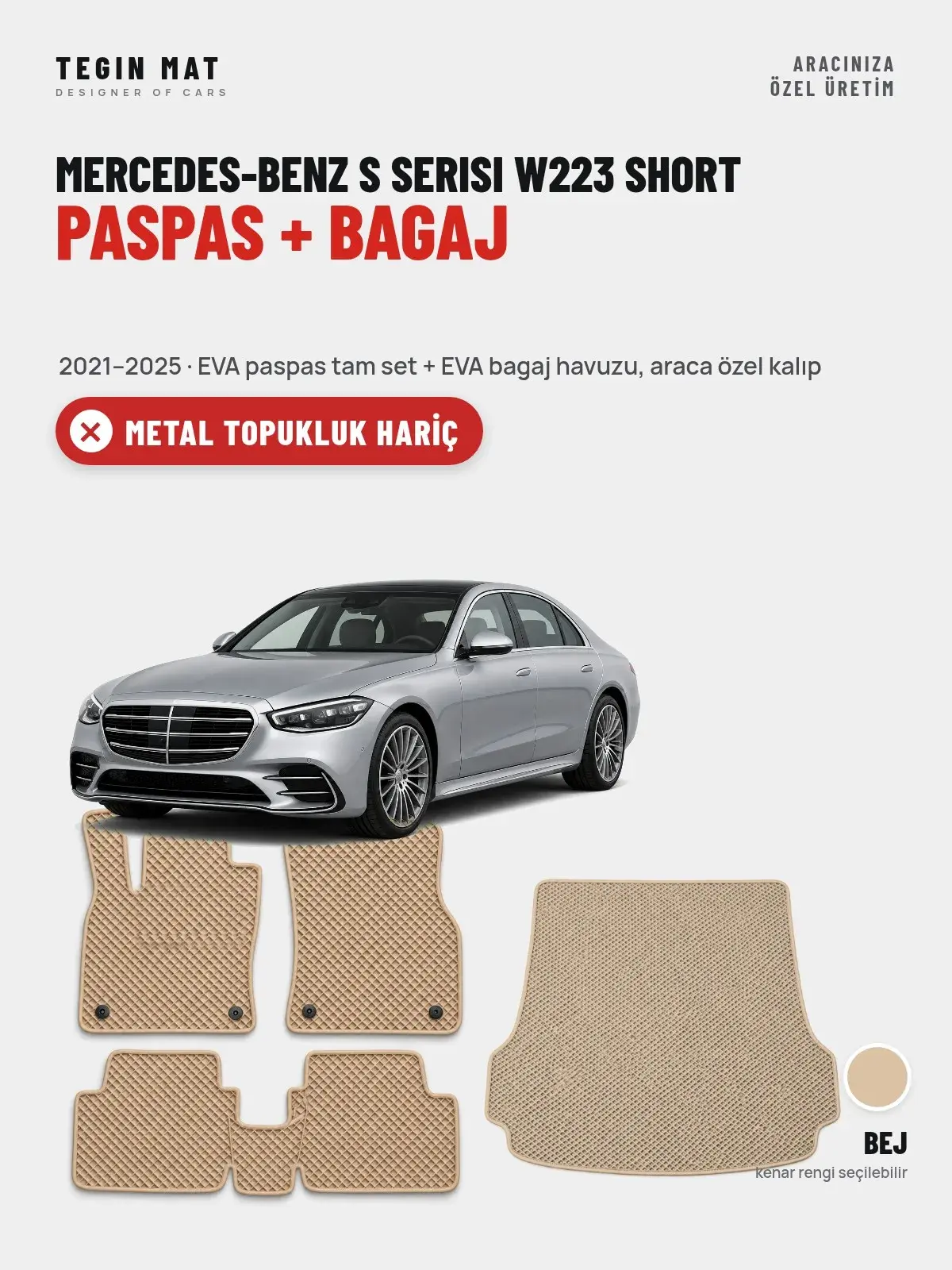 Mercedes-Benz S Serisi W223 Short EVA Paspas + Bagaj Havuzu Seti (2021–2025) Bej – Metal Topukluk Hariç (1)