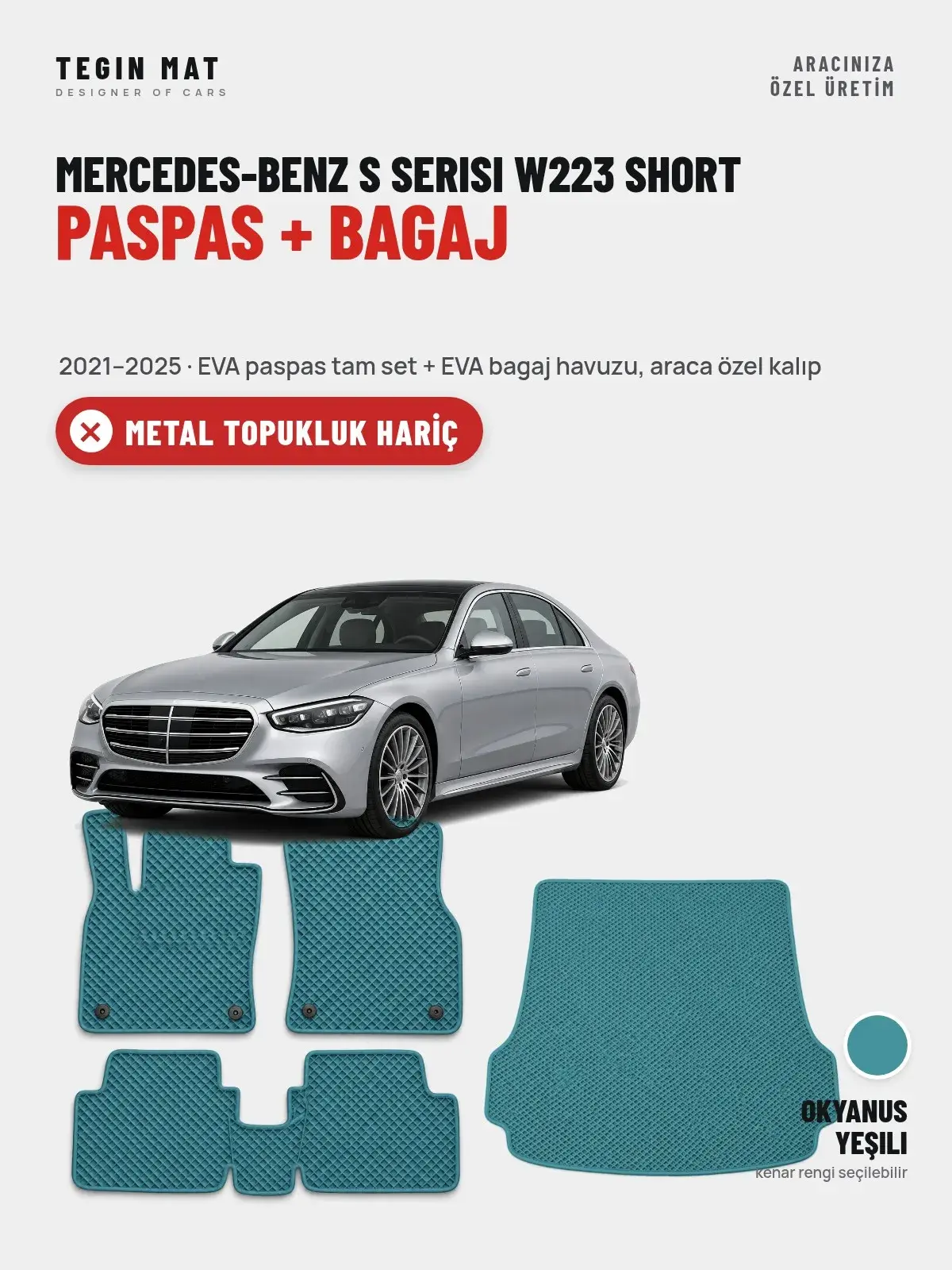 Mercedes-Benz S Serisi W223 Short EVA Paspas + Bagaj Havuzu Seti (2021–2025) Okyanus Yeşili – Metal Topukluk Hariç (1)