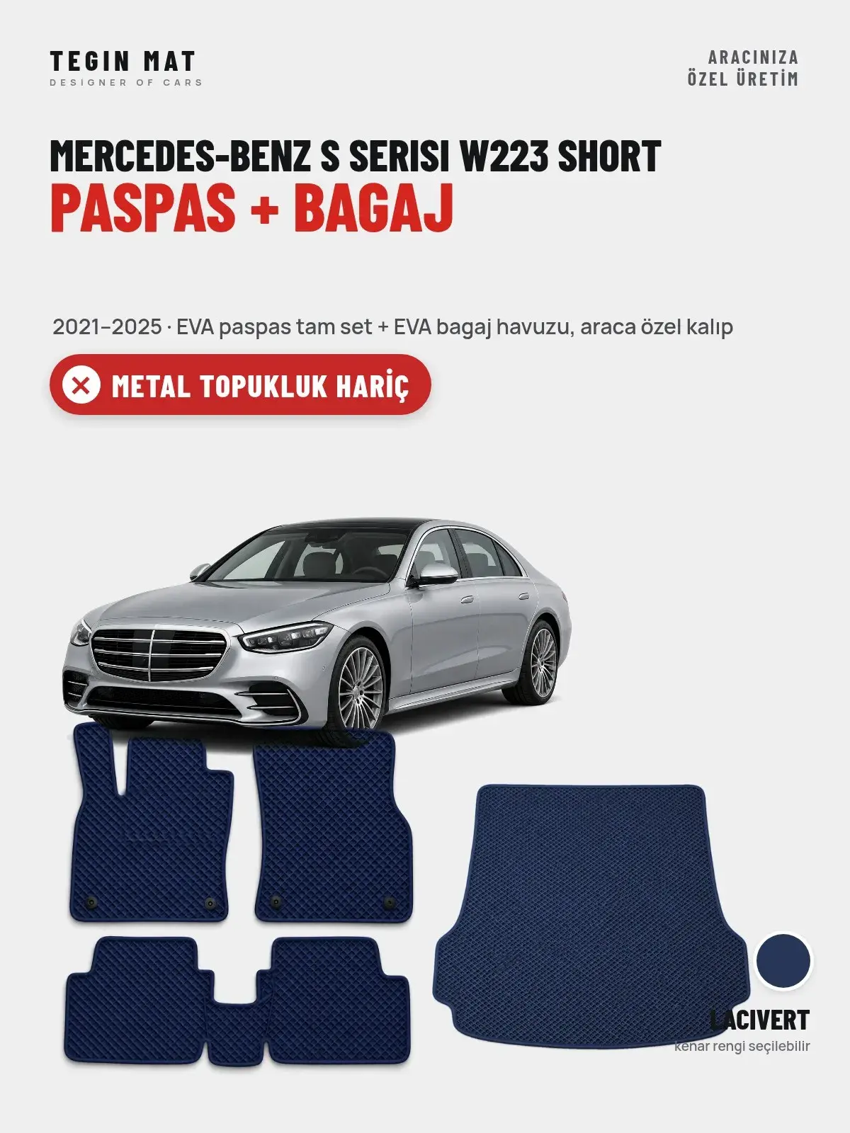Mercedes-Benz S Serisi W223 Short EVA Paspas + Bagaj Havuzu Seti (2021–2025) Lacivert – Metal Topukluk Hariç (1)
