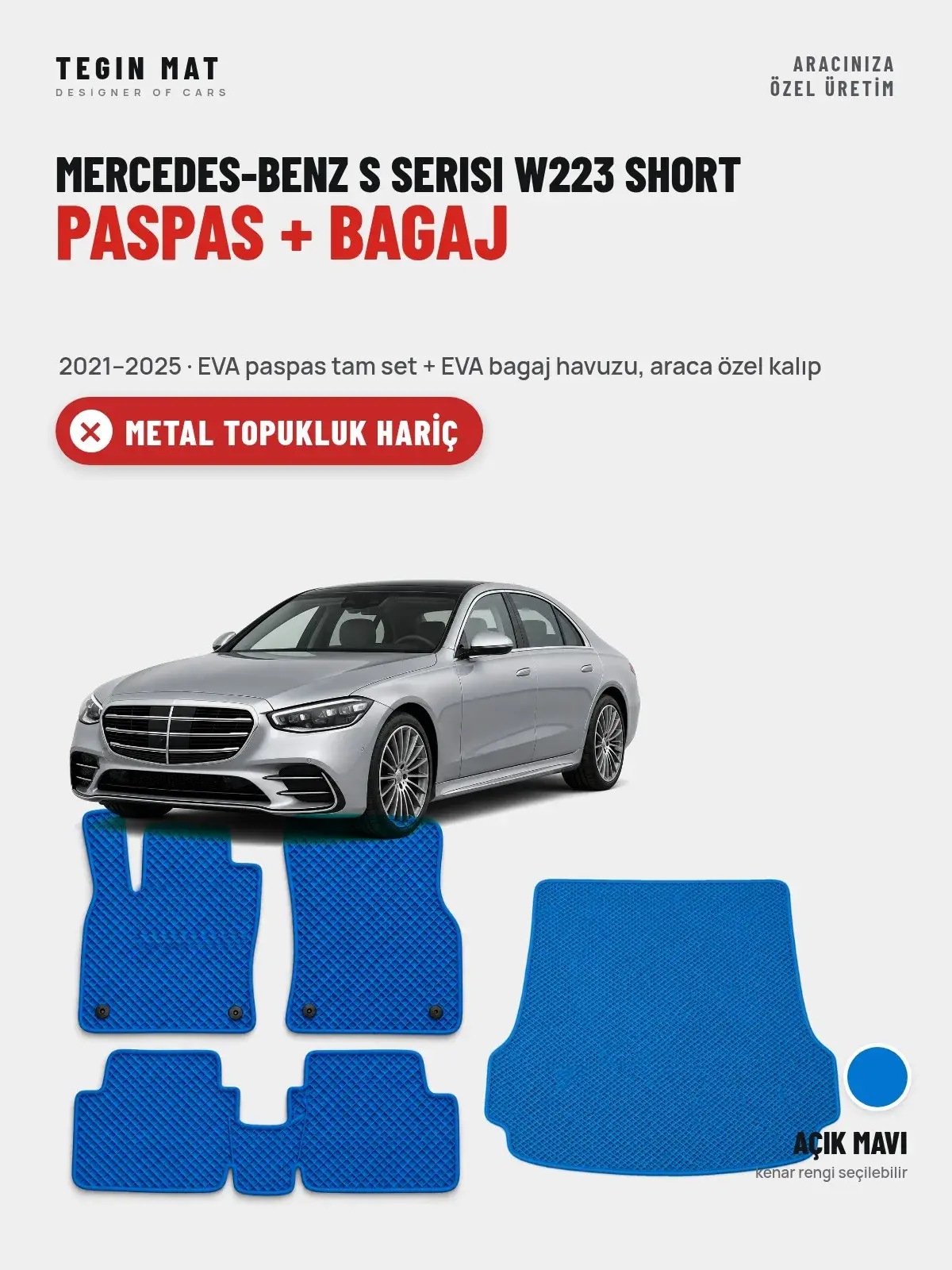 Mercedes-Benz S Serisi W223 Short EVA Paspas + Bagaj Havuzu Seti (2021–2025) Açık Mavi – Metal Topukluk Hariç (1)