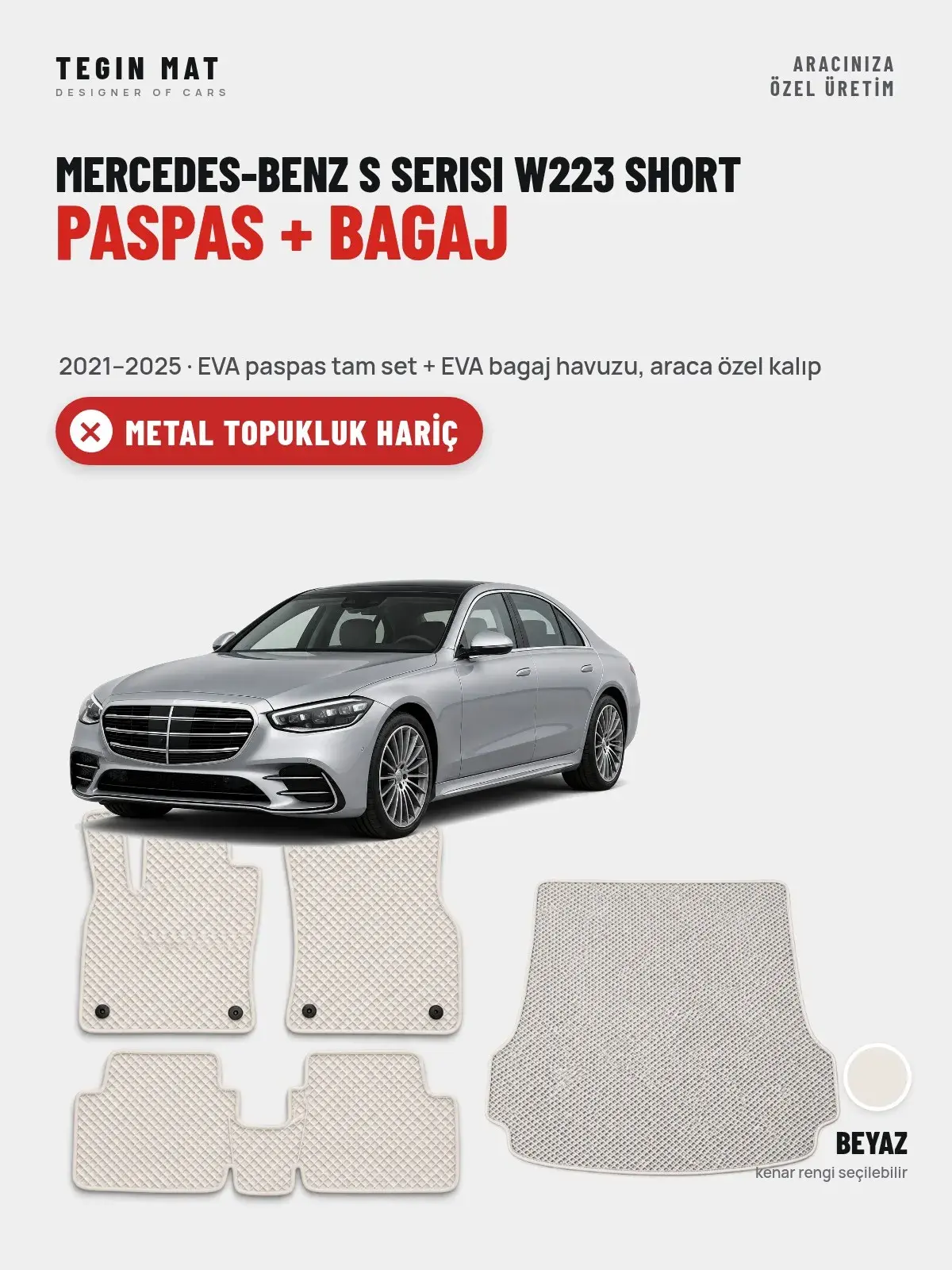 Mercedes-Benz S Serisi W223 Short EVA Paspas + Bagaj Havuzu Seti (2021–2025) Beyaz – Metal Topukluk Hariç (1)
