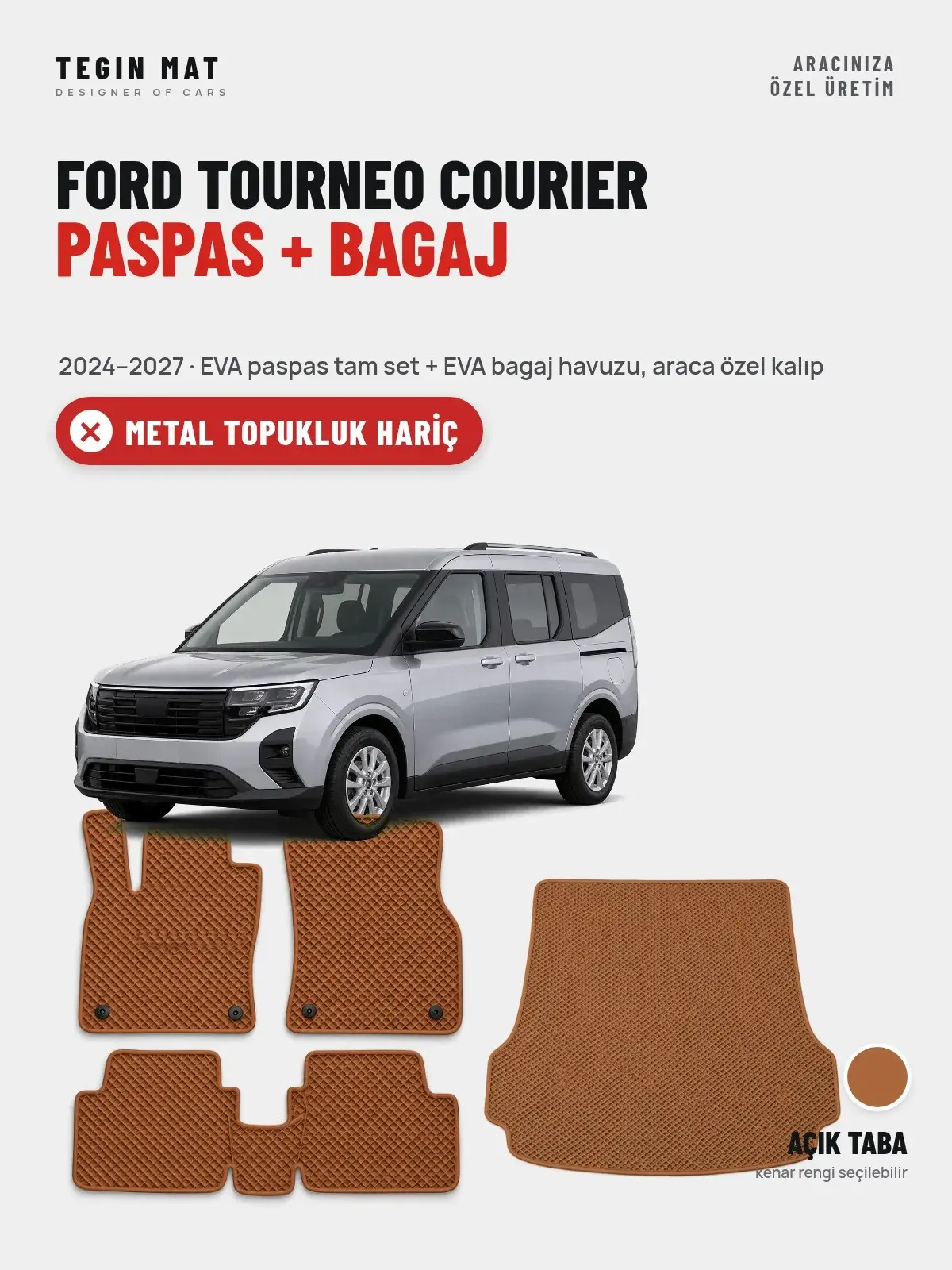 Ford Tourneo Courier EVA Paspas + Bagaj Havuzu Seti (2024–2027) Açık Taba – Metal Topukluk Hariç (1)