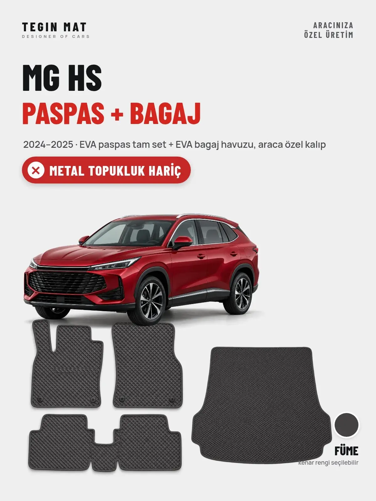 MG HS EVA Paspas + Bagaj Havuzu Seti (2024–2025) Füme – Metal Topukluk Hariç (1)