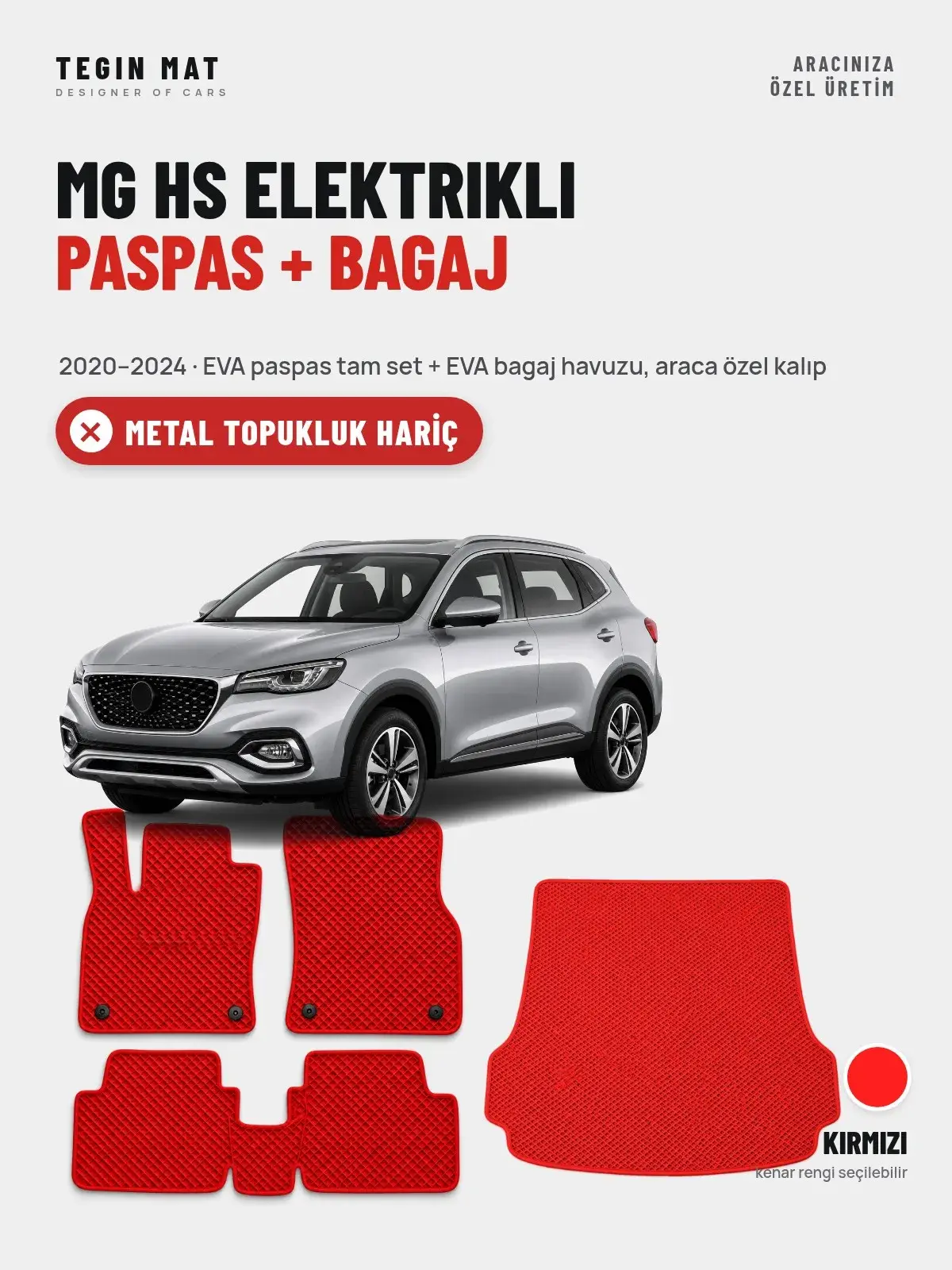 MG Hs Elektrikli EVA Paspas + Bagaj Havuzu Seti (2020–2024) Kırmızı – Metal Topukluk Hariç (1)