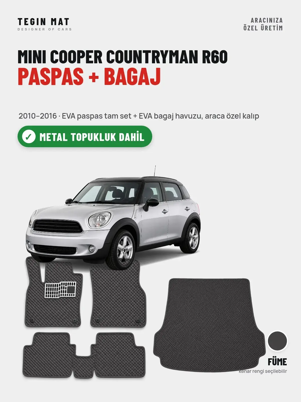MINI Cooper Countryman R60 EVA Paspas + Bagaj Havuzu Seti (2010–2016) Füme – Metal Topukluk Dahil (1)