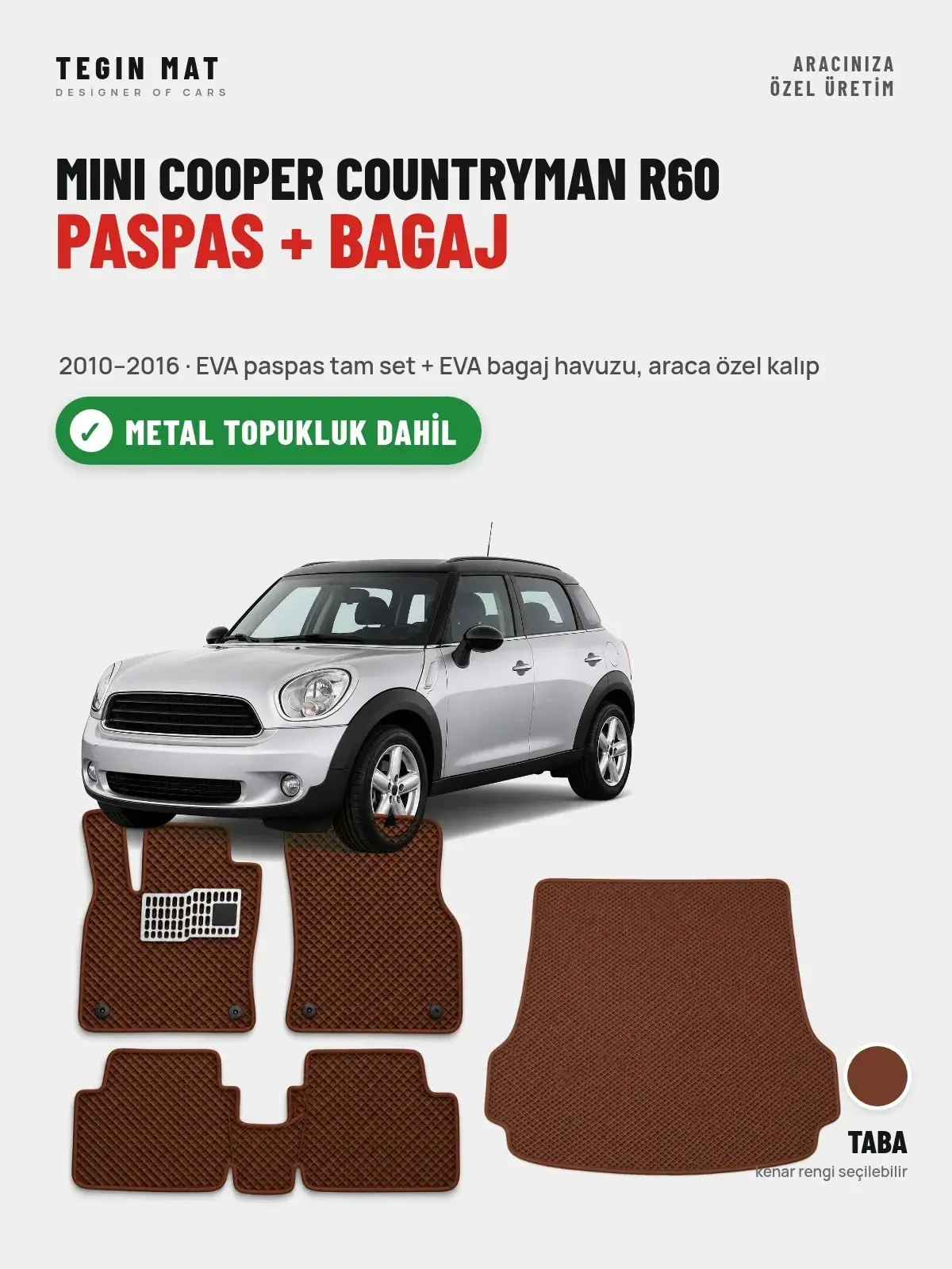 MINI Cooper Countryman R60 EVA Paspas + Bagaj Havuzu Seti (2010–2016) Taba – Metal Topukluk Dahil (1)