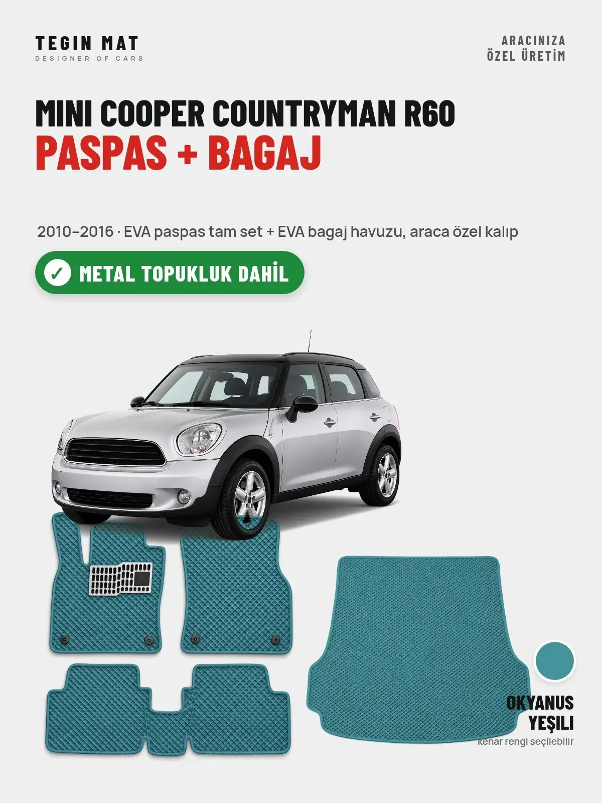 MINI Cooper Countryman R60 EVA Paspas + Bagaj Havuzu Seti (2010–2016) Okyanus Yeşili – Metal Topukluk Dahil (1)