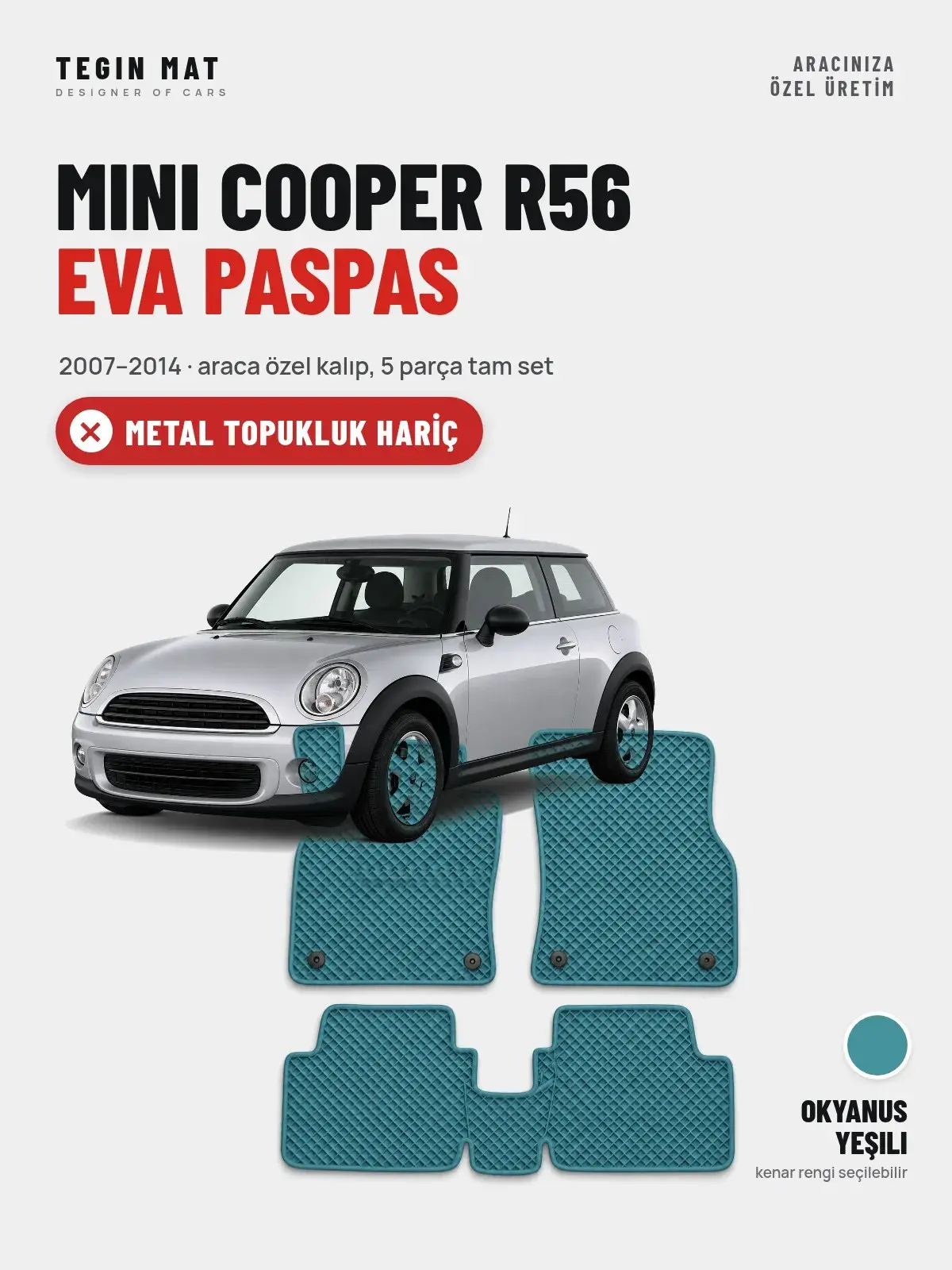 MINI Cooper R56 EVA Oto Paspas Tam Set (2007–2014) Okyanus Yeşili – Metal Topukluk Hariç (1)