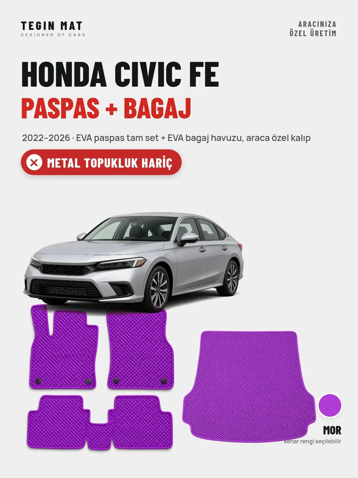 Honda Civic Fe EVA Paspas + Bagaj Havuzu Seti (2022–2026) Mor – Metal Topukluk Hariç (1)