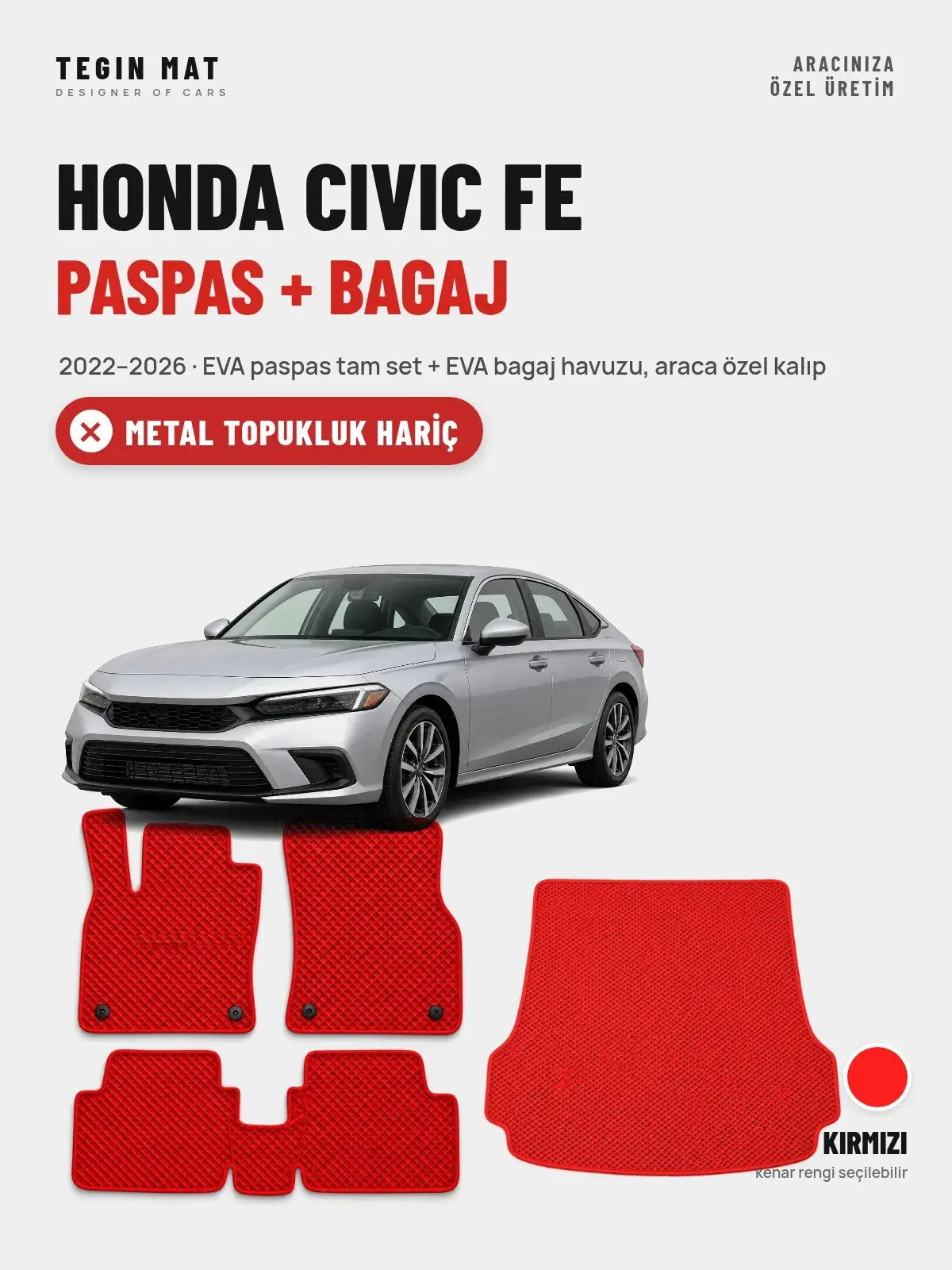 Honda Civic Fe EVA Paspas + Bagaj Havuzu Seti (2022–2026) Kırmızı – Metal Topukluk Hariç (1)