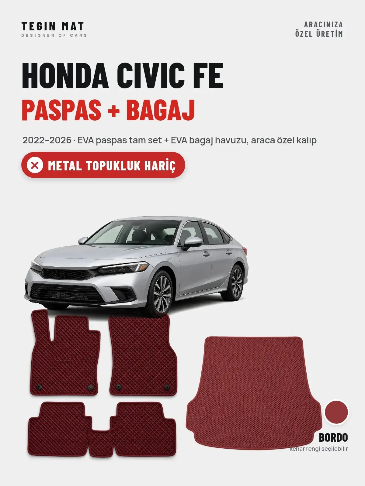 Honda Civic Fe EVA Paspas + Bagaj Havuzu Seti (2022–2026) Bordo – Metal Topukluk Hariç (1)