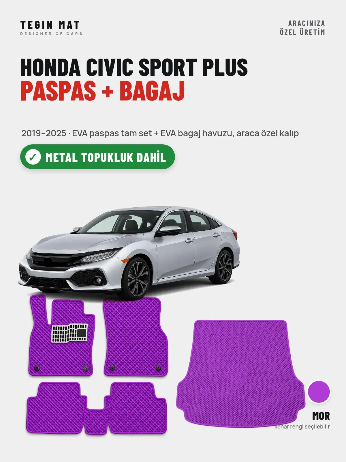 Honda Civic Sport Plus EVA Paspas + Bagaj Havuzu Seti (2019–2025) Mor – Metal Topukluk Dahil (1)