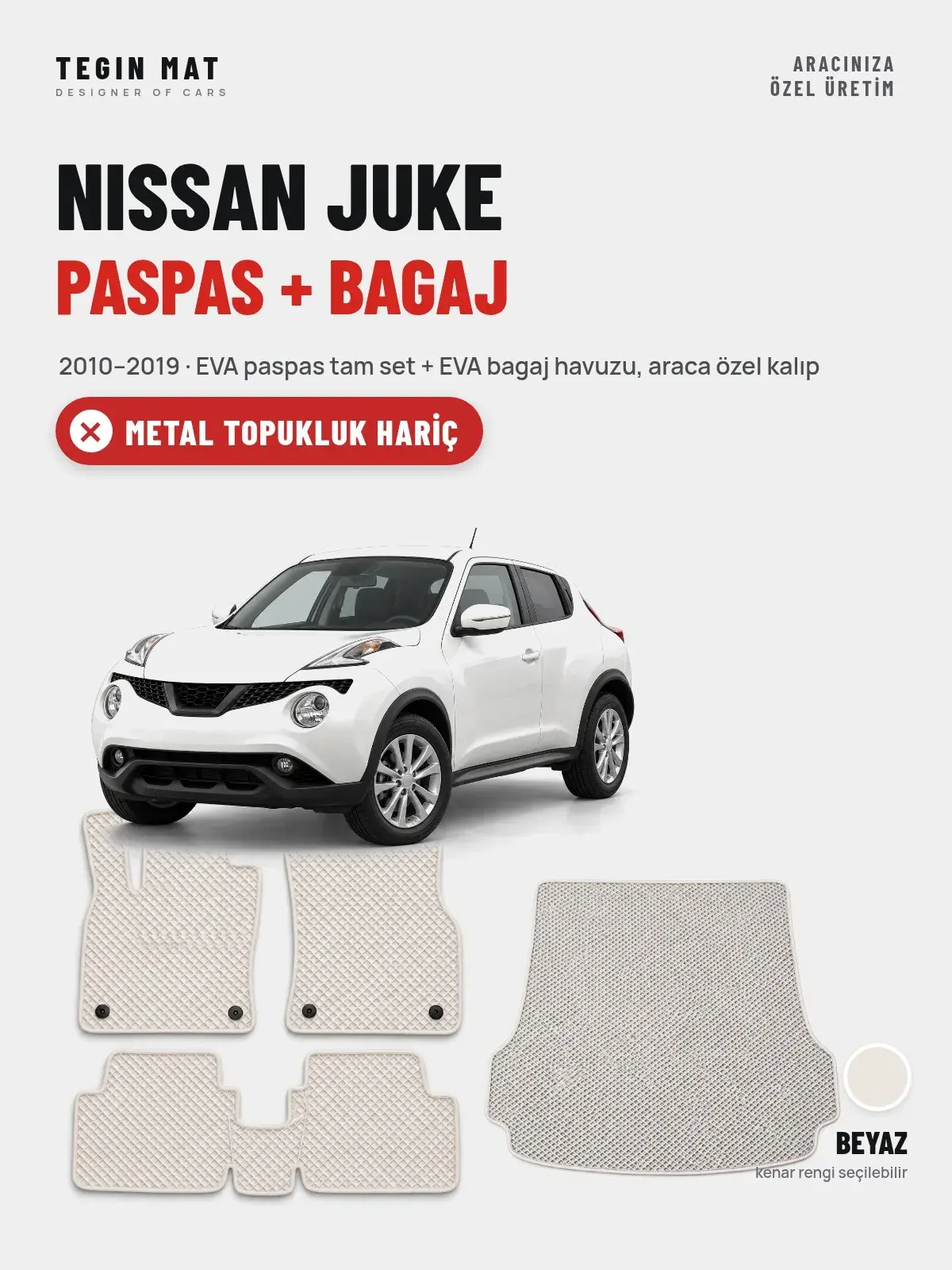 Nissan Juke EVA Paspas + Bagaj Havuzu Seti (2010–2019) Beyaz – Metal Topukluk Hariç (1)
