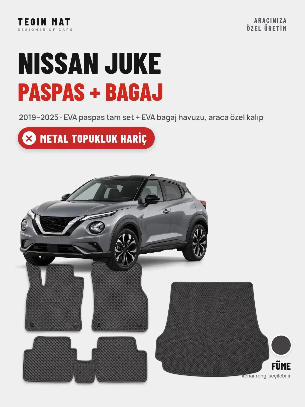 Nissan Juke EVA Paspas + Bagaj Havuzu Seti (2019–2025) Füme – Metal Topukluk Hariç (1)
