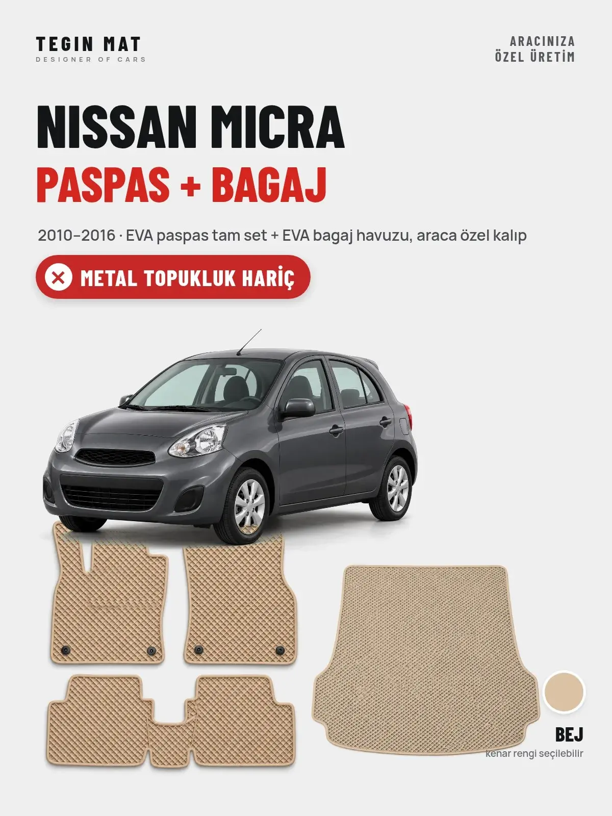 Nissan Micra EVA Paspas + Bagaj Havuzu Seti (2010–2016) Bej – Metal Topukluk Hariç (1)