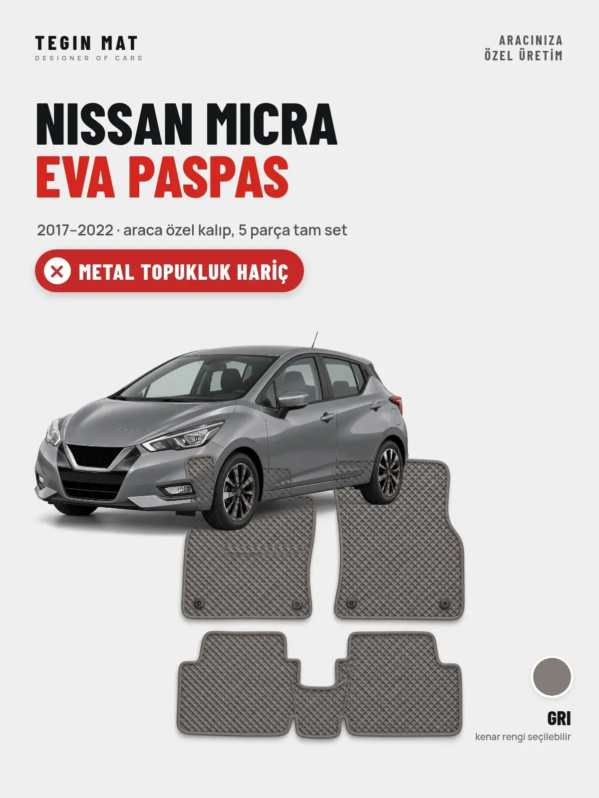 Nissan Micra EVA Oto Paspas Tam Set (2017–2022) Gri – Metal Topukluk Hariç (1)