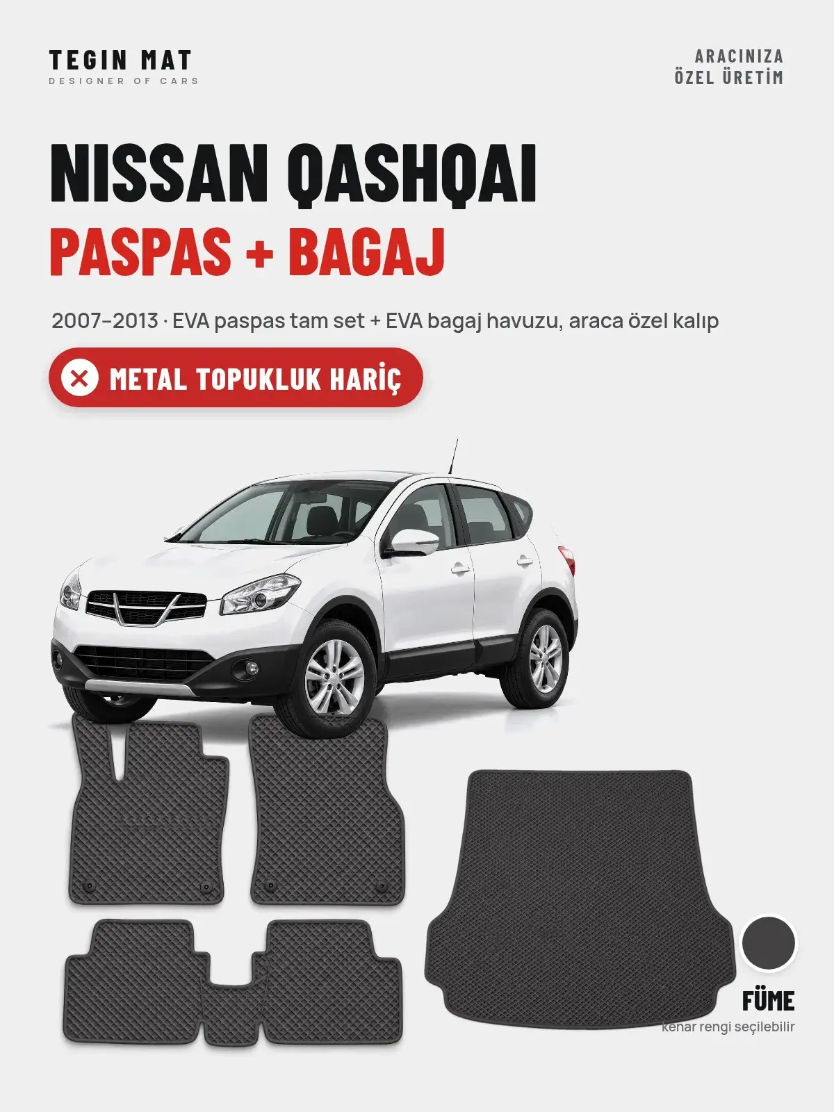 Nissan Qashqai EVA Paspas + Bagaj Havuzu Seti (2007–2013) Füme – Metal Topukluk Hariç (1)