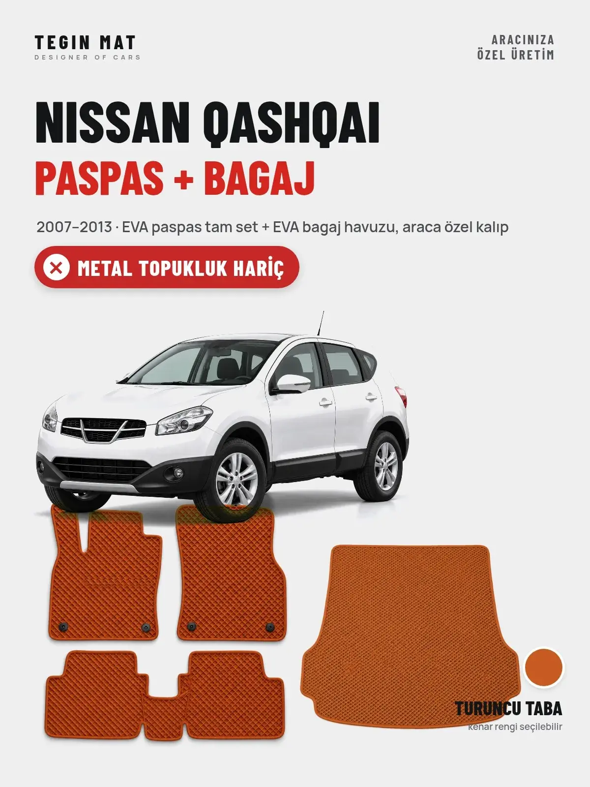 Nissan Qashqai EVA Paspas + Bagaj Havuzu Seti (2007–2013) Turuncu Taba – Metal Topukluk Hariç (1)