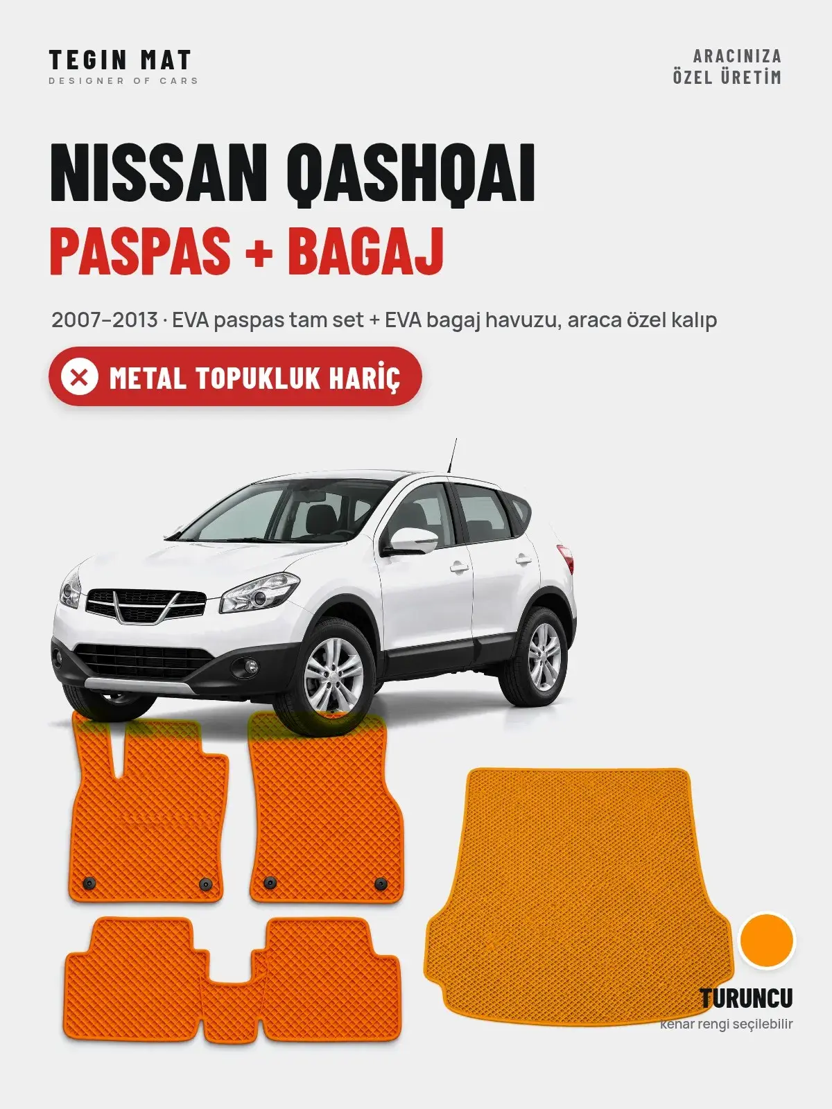 Nissan Qashqai EVA Paspas + Bagaj Havuzu Seti (2007–2013) Turuncu – Metal Topukluk Hariç (1)