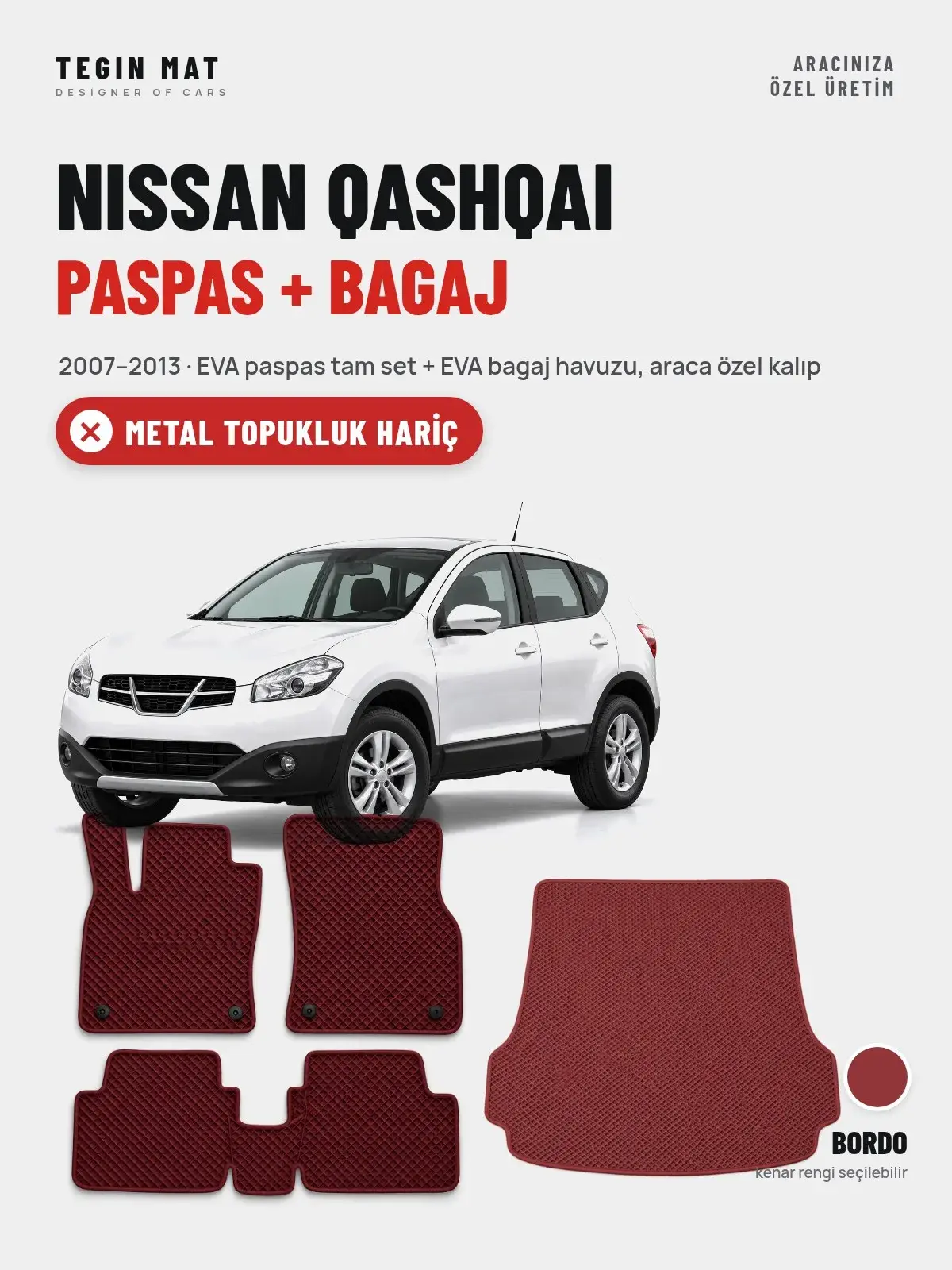 Nissan Qashqai EVA Paspas + Bagaj Havuzu Seti (2007–2013) Bordo – Metal Topukluk Hariç (1)