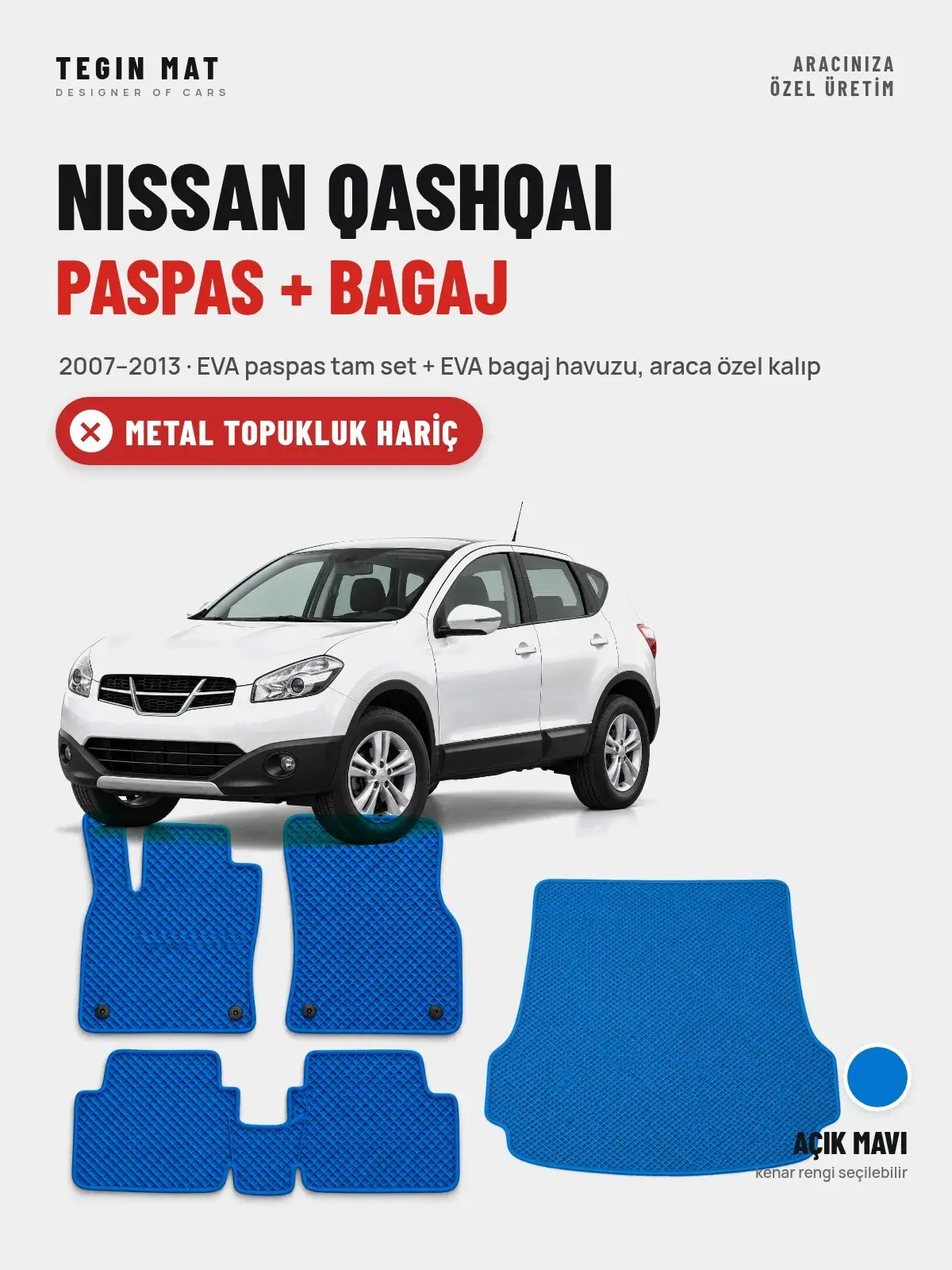 Nissan Qashqai EVA Paspas + Bagaj Havuzu Seti (2007–2013) Açık Mavi – Metal Topukluk Hariç (1)