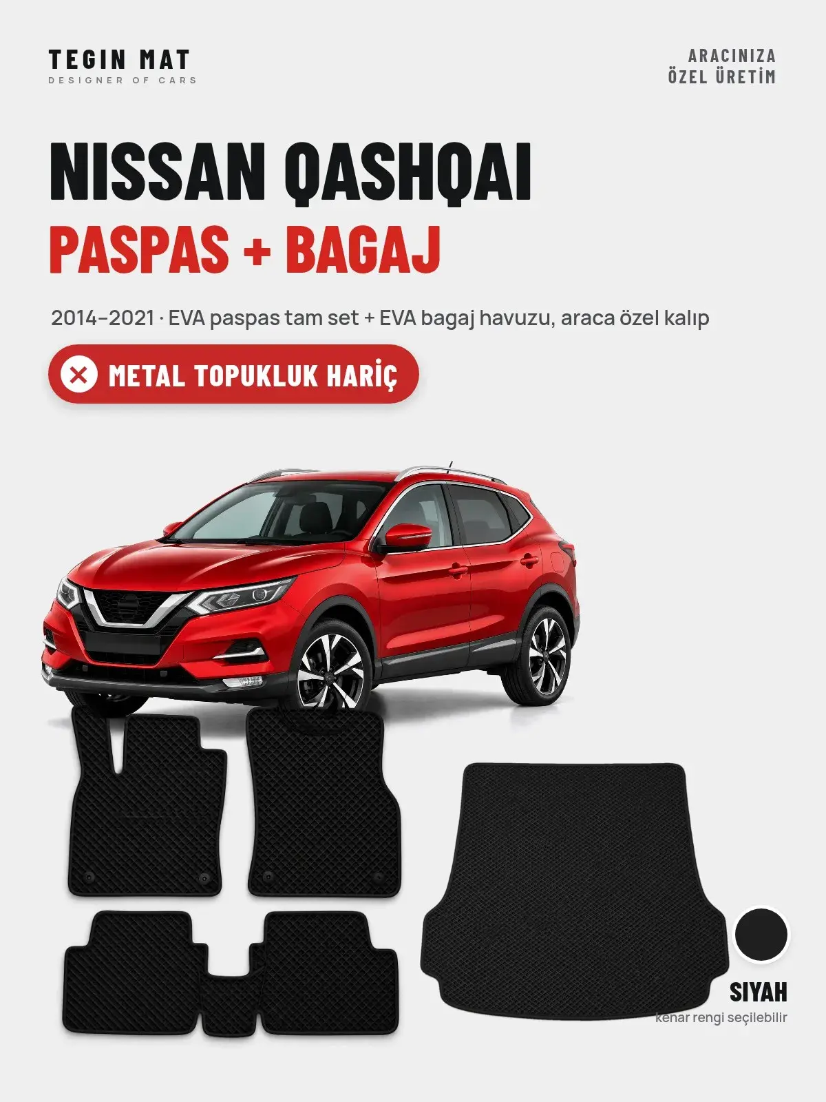 Nissan Qashqai EVA Paspas + Bagaj Havuzu Seti (2014–2021) Siyah – Metal Topukluk Hariç (1)