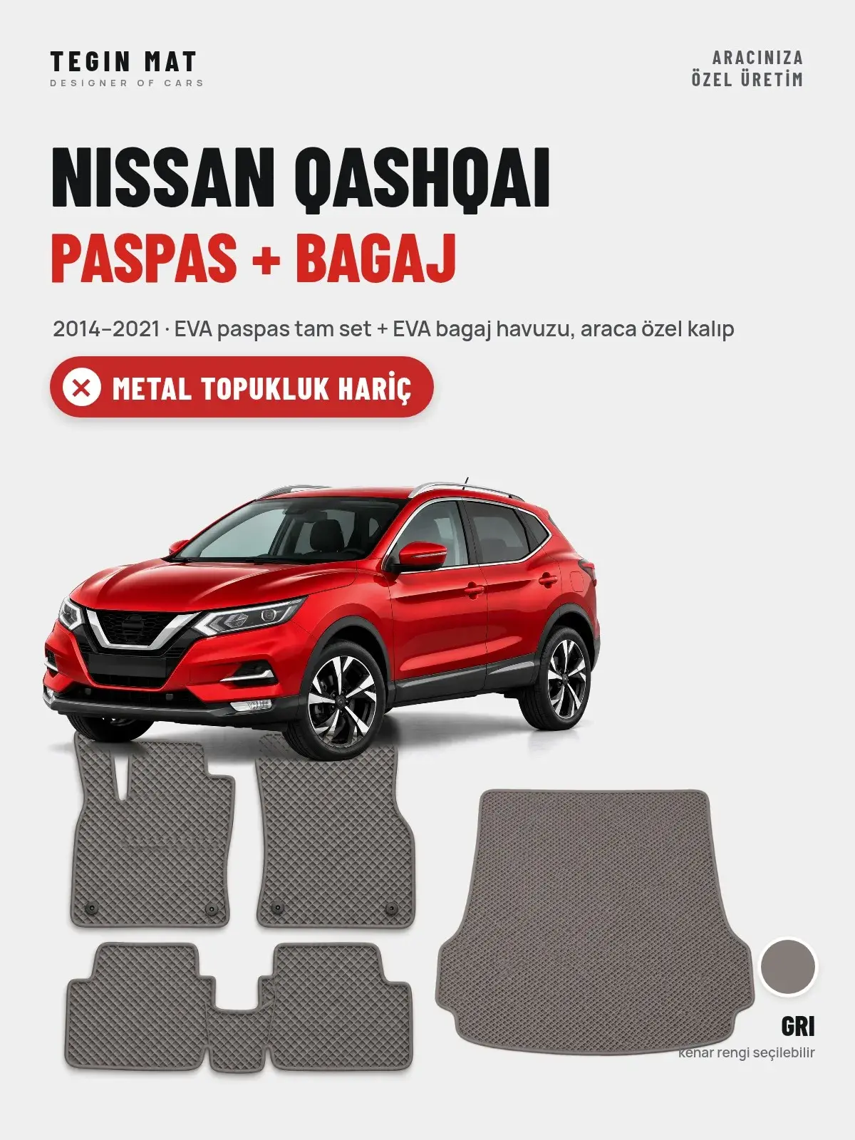 Nissan Qashqai EVA Paspas + Bagaj Havuzu Seti (2014–2021) Gri – Metal Topukluk Hariç (1)