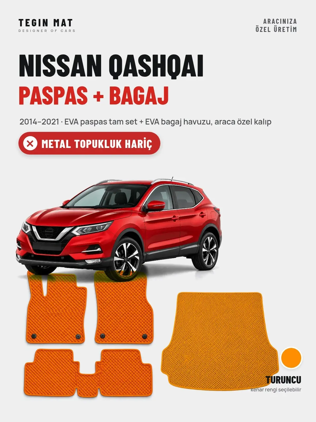 Nissan Qashqai EVA Paspas + Bagaj Havuzu Seti (2014–2021) Turuncu – Metal Topukluk Hariç (1)