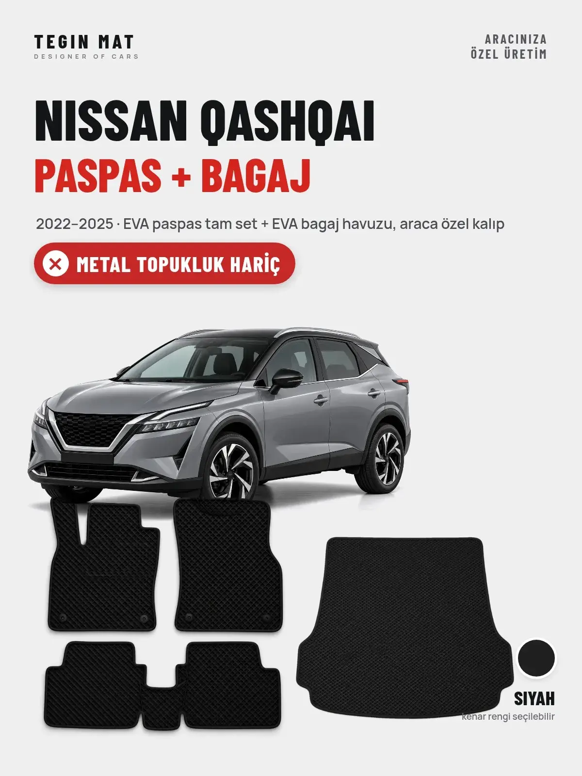 Nissan Qashqai EVA Paspas + Bagaj Havuzu Seti (2022–2025) Siyah – Metal Topukluk Hariç (1)