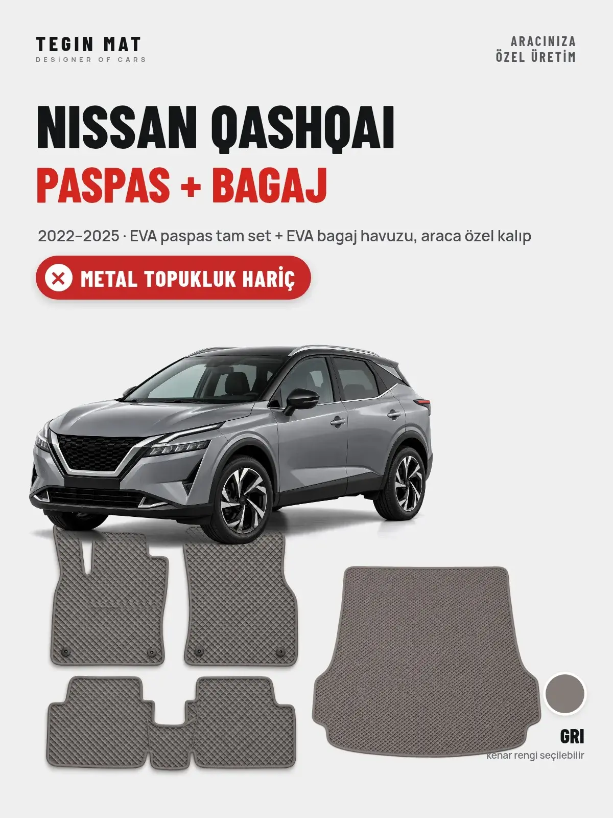 Nissan Qashqai EVA Paspas + Bagaj Havuzu Seti (2022–2025) Gri – Metal Topukluk Hariç (1)