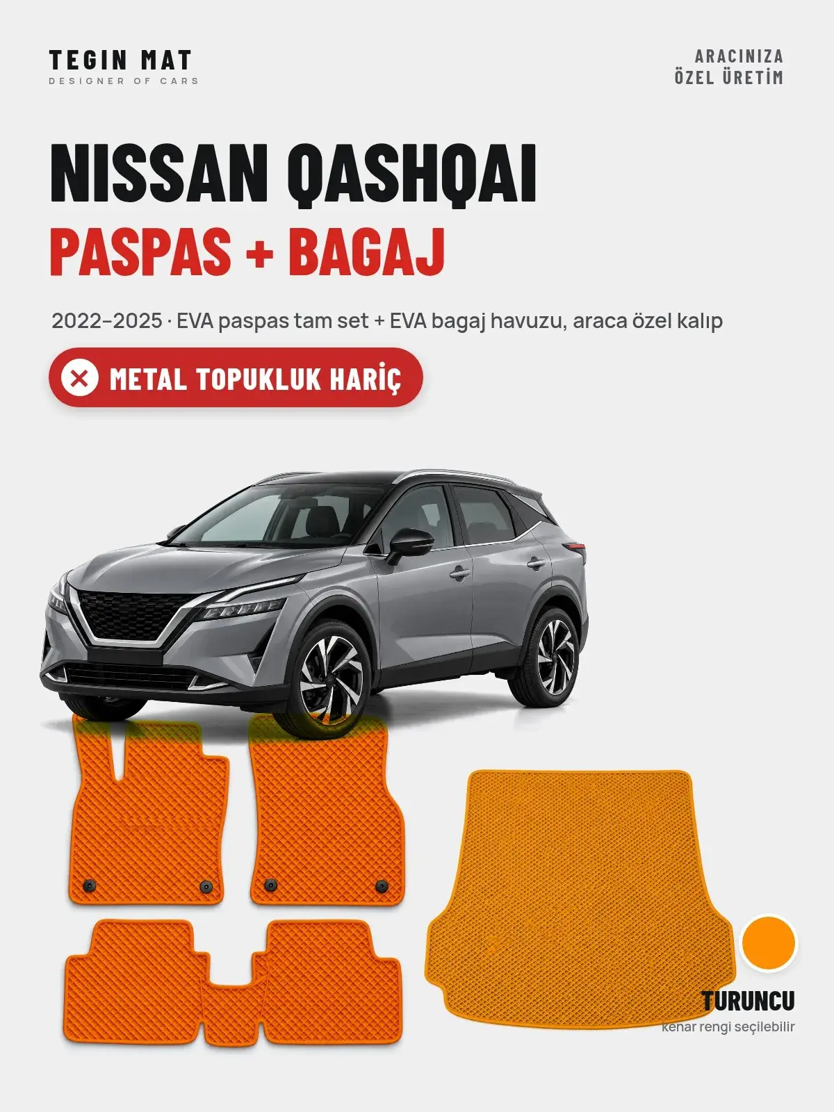 Nissan Qashqai EVA Paspas + Bagaj Havuzu Seti (2022–2025) Turuncu – Metal Topukluk Hariç (1)