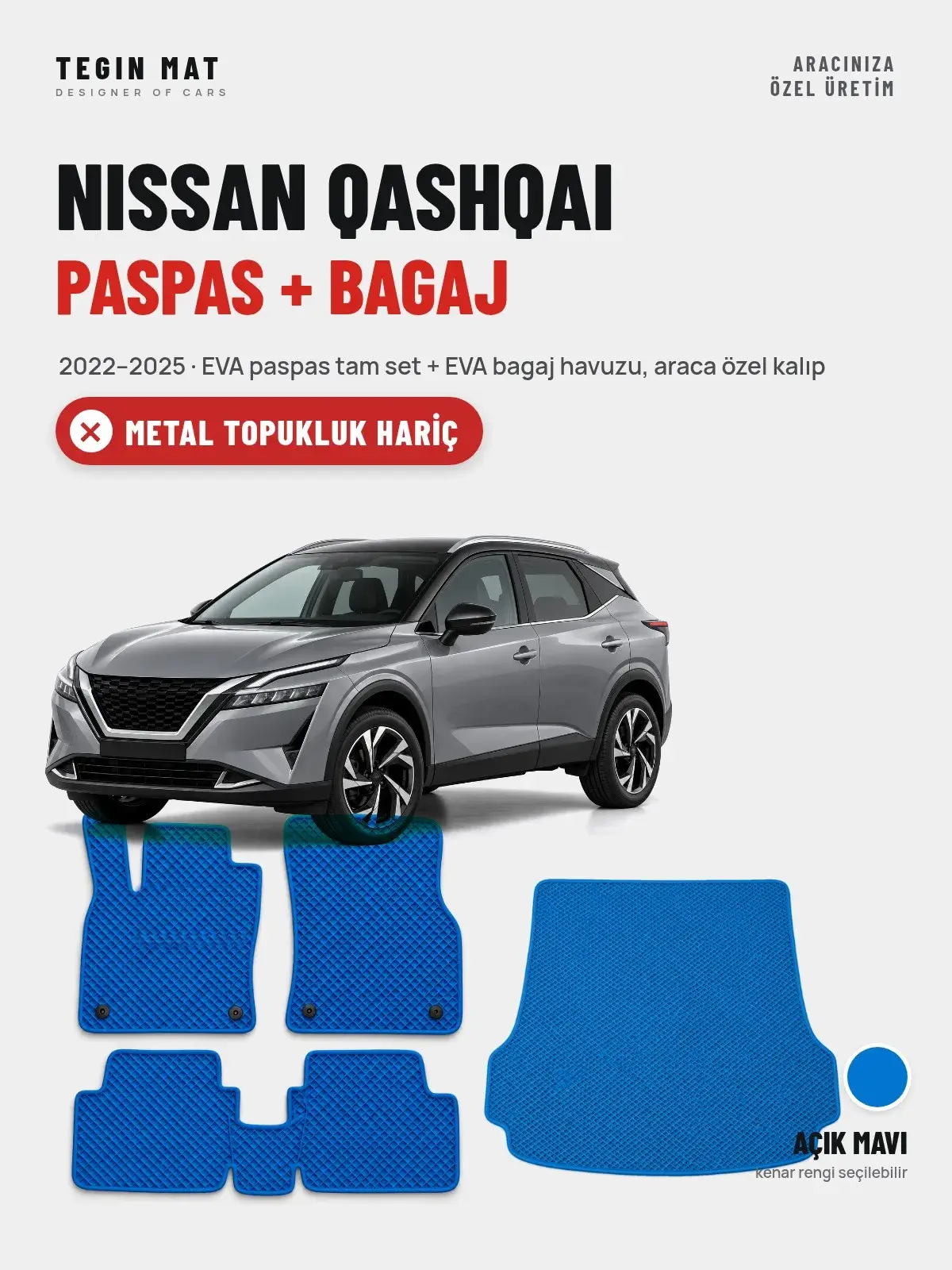 Nissan Qashqai EVA Paspas + Bagaj Havuzu Seti (2022–2025) Açık Mavi – Metal Topukluk Hariç (1)