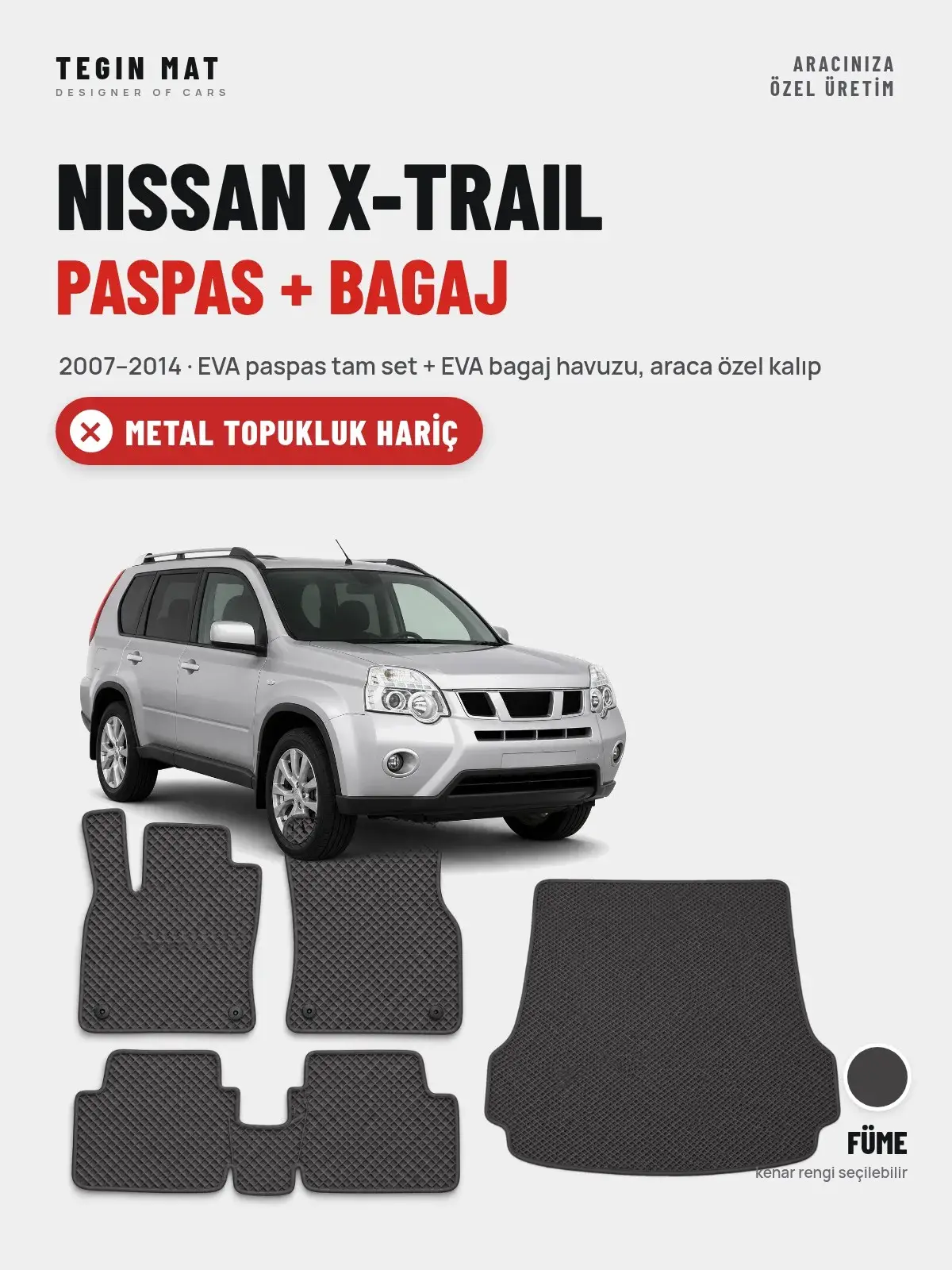Nissan X-Trail EVA Paspas + Bagaj Havuzu Seti (2007–2014) Füme – Metal Topukluk Hariç (1)