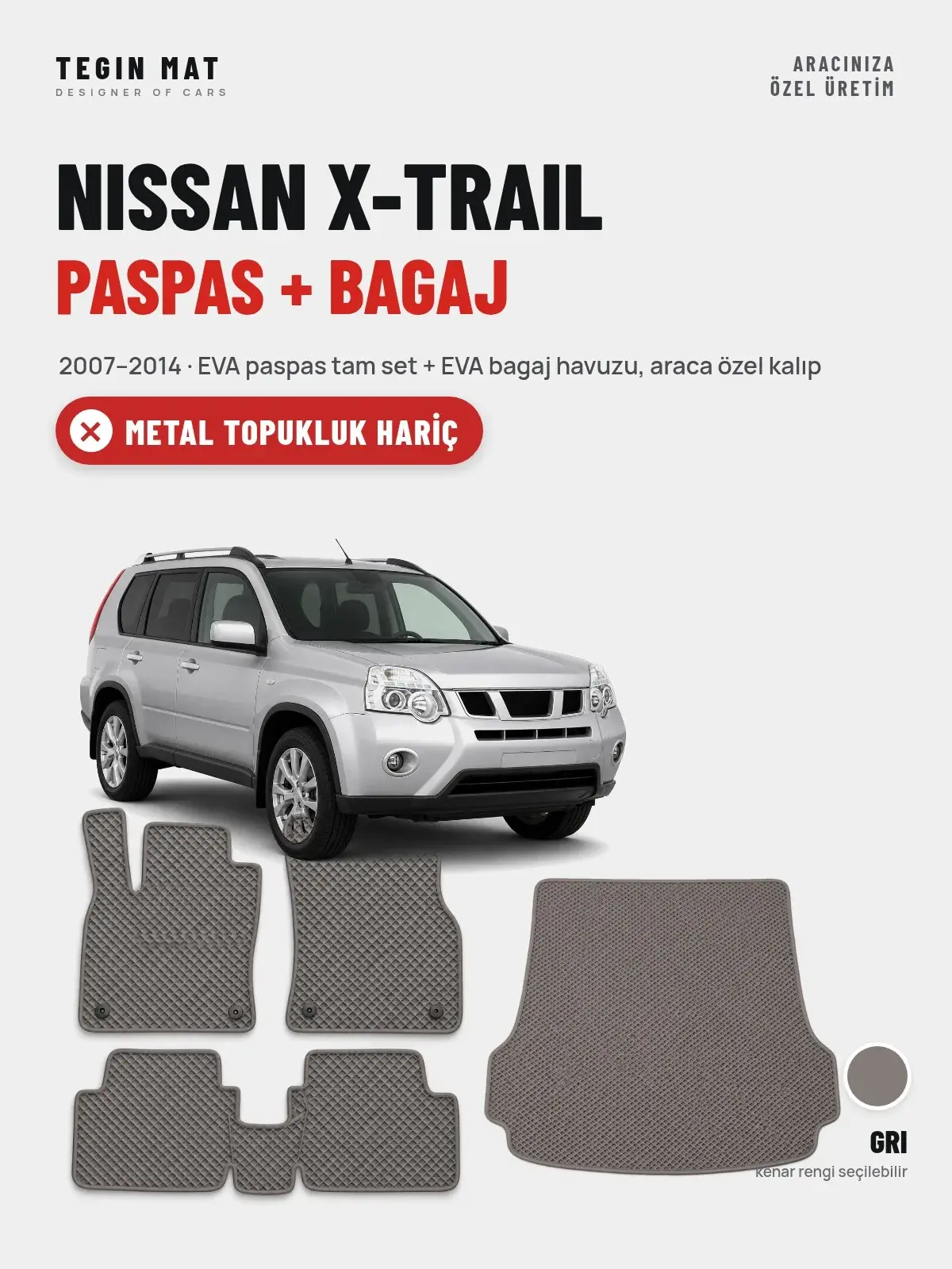 Nissan X-Trail EVA Paspas + Bagaj Havuzu Seti (2007–2014) Gri – Metal Topukluk Hariç (1)