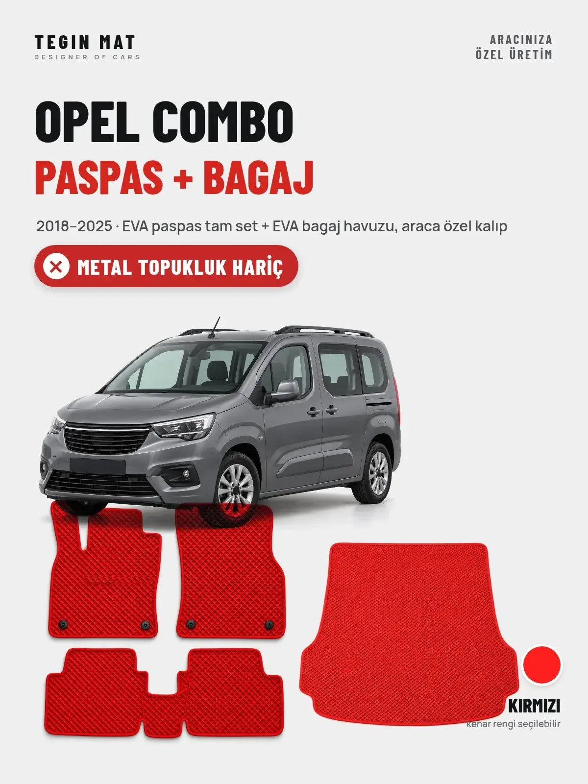 Opel Combo EVA Paspas + Bagaj Havuzu Seti (2018–2025) Kırmızı – Metal Topukluk Hariç (1)
