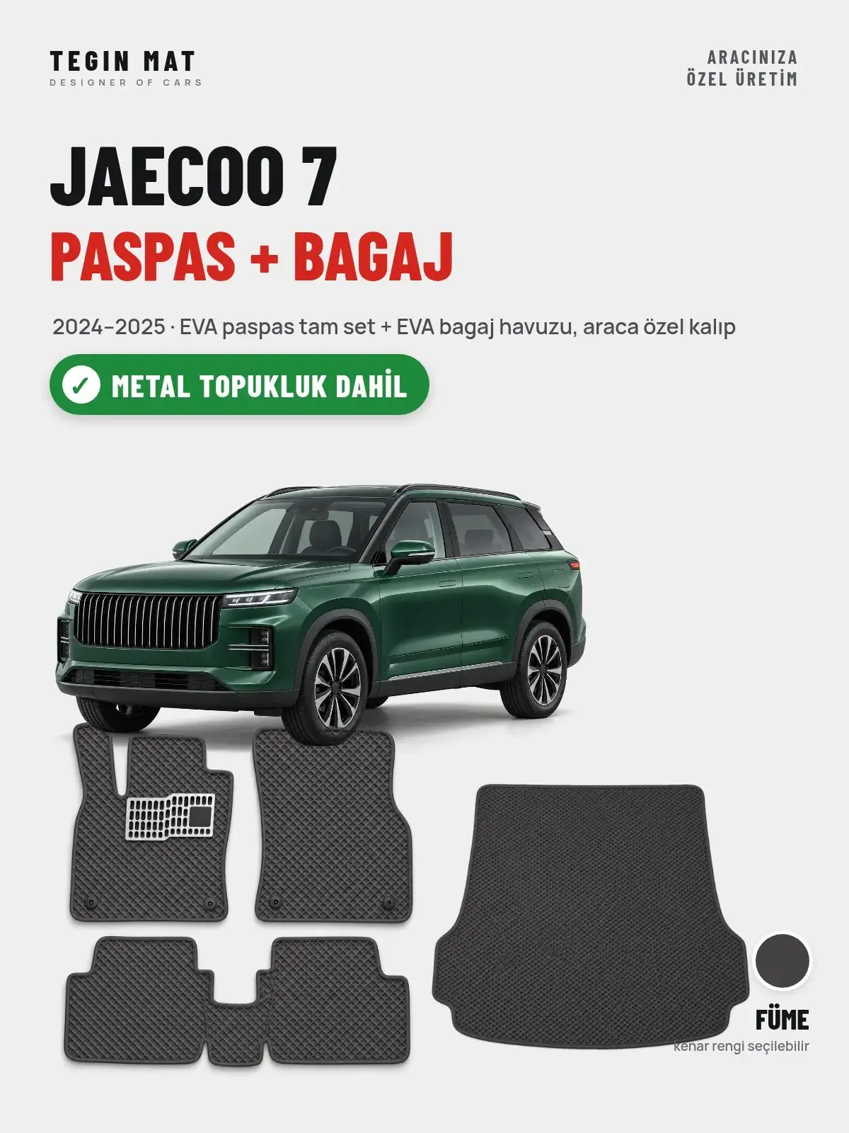Jaecoo 7 EVA Paspas + Bagaj Havuzu Seti (2024–2025) Füme – Metal Topukluk Dahil (1)