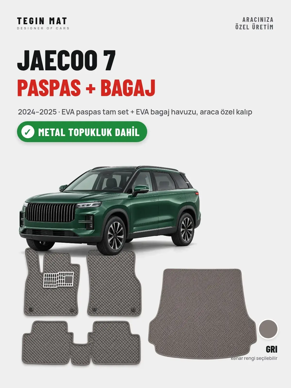 Jaecoo 7 EVA Paspas + Bagaj Havuzu Seti (2024–2025) Gri – Metal Topukluk Dahil (1)