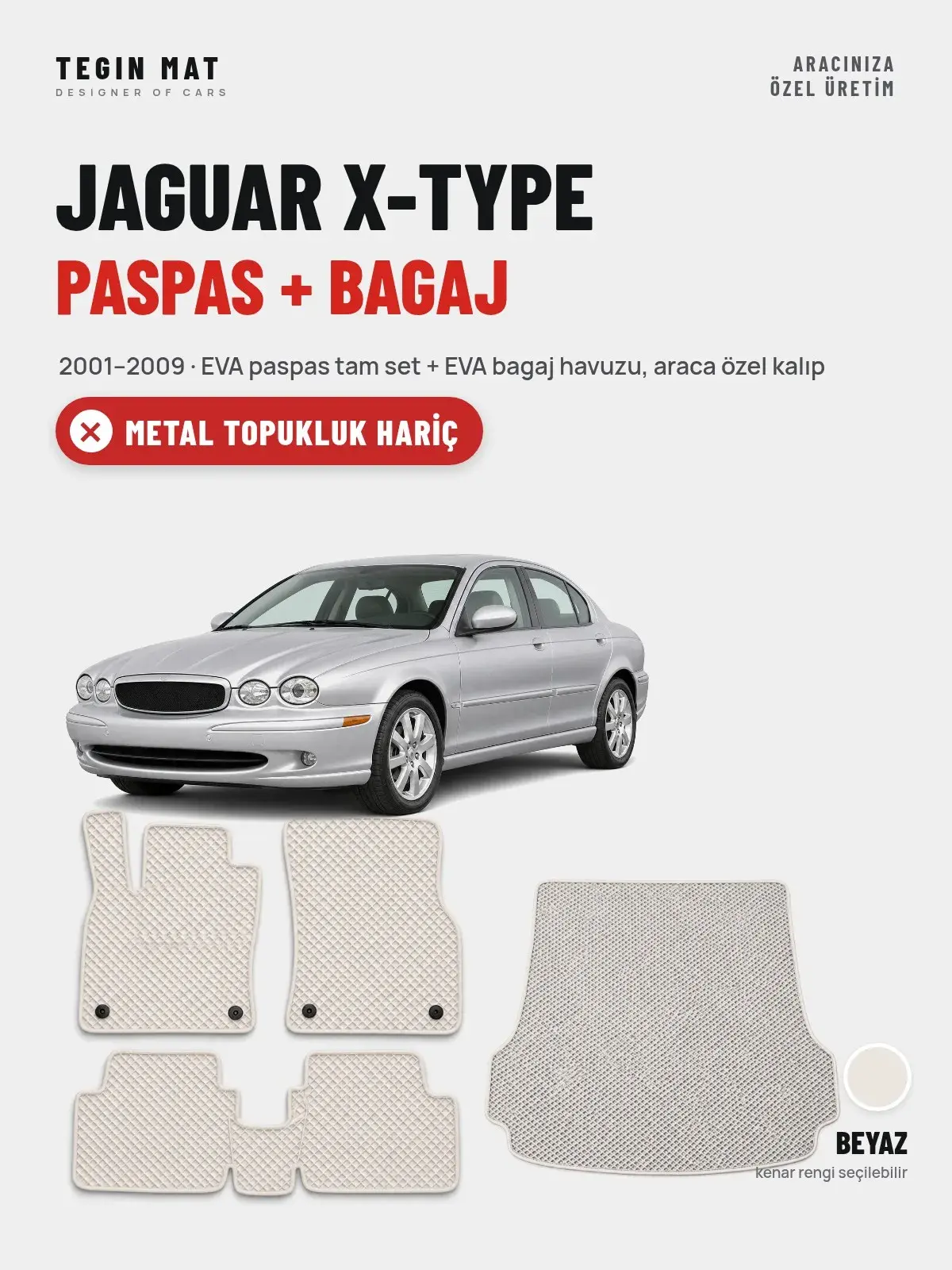 Jaguar X-Type EVA Paspas + Bagaj Havuzu Seti (2001–2009) Beyaz – Metal Topukluk Hariç (1)