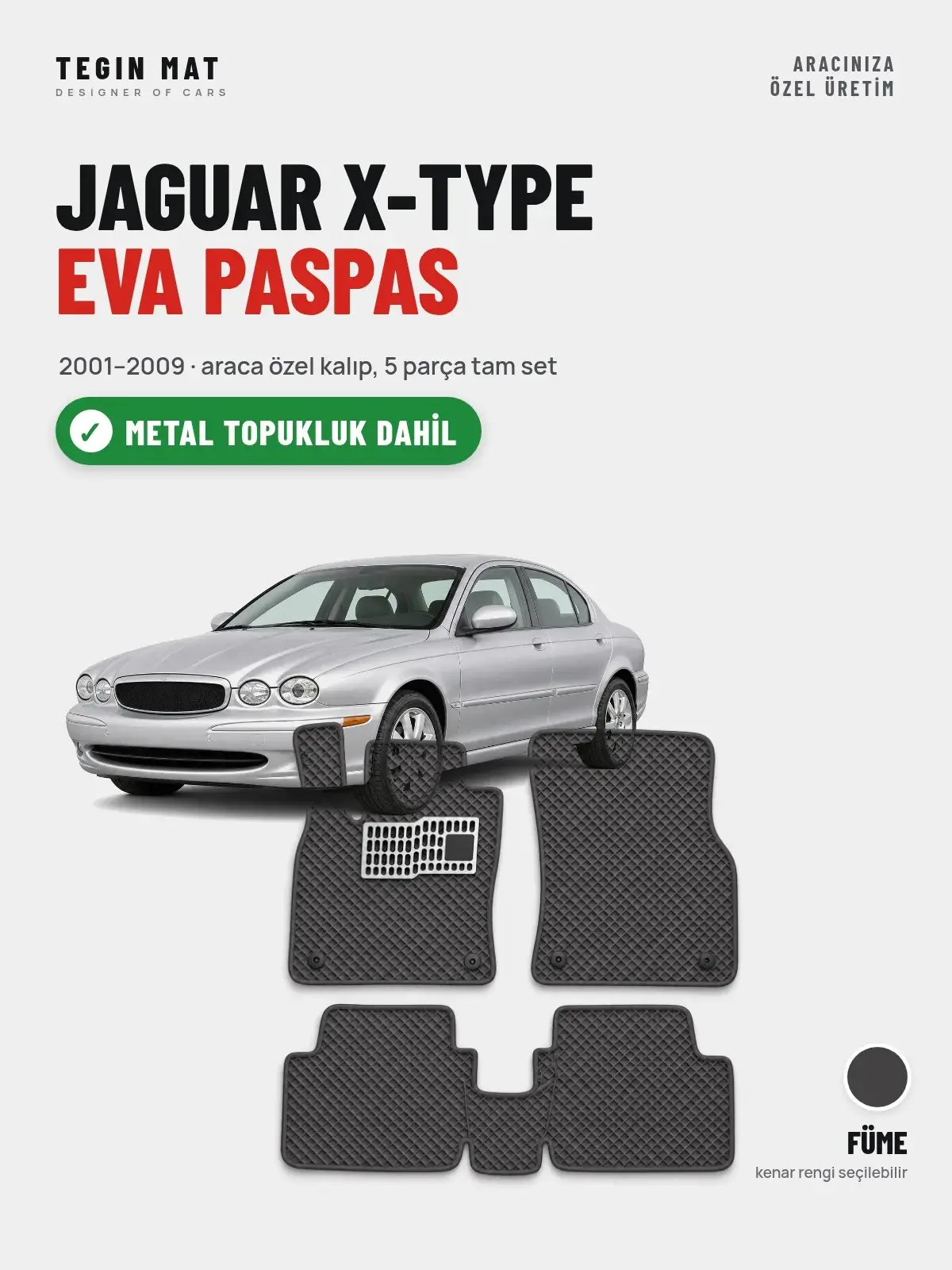 Jaguar X-Type EVA Oto Paspas Tam Set (2001–2009) Füme – Metal Topukluk Dahil (1)