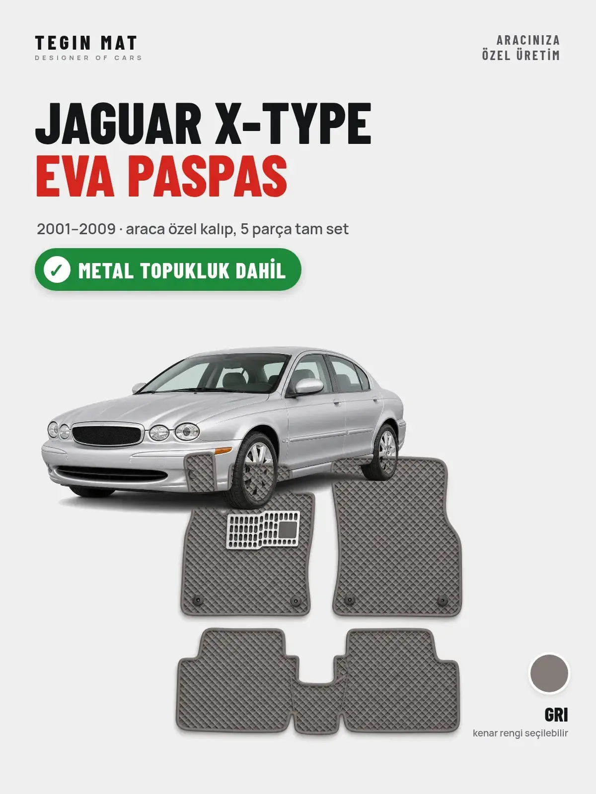 Jaguar X-Type EVA Oto Paspas Tam Set (2001–2009) Gri – Metal Topukluk Dahil (1)