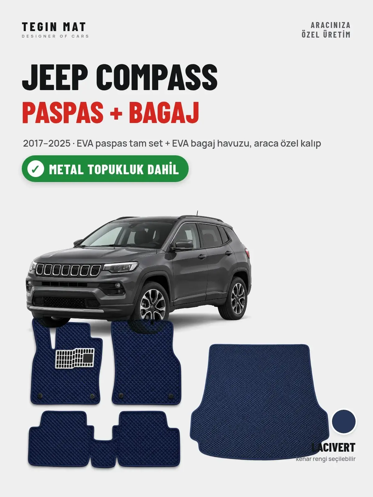 Jeep Compass EVA Paspas + Bagaj Havuzu Seti (2017–2025) Lacivert – Metal Topukluk Dahil (1)