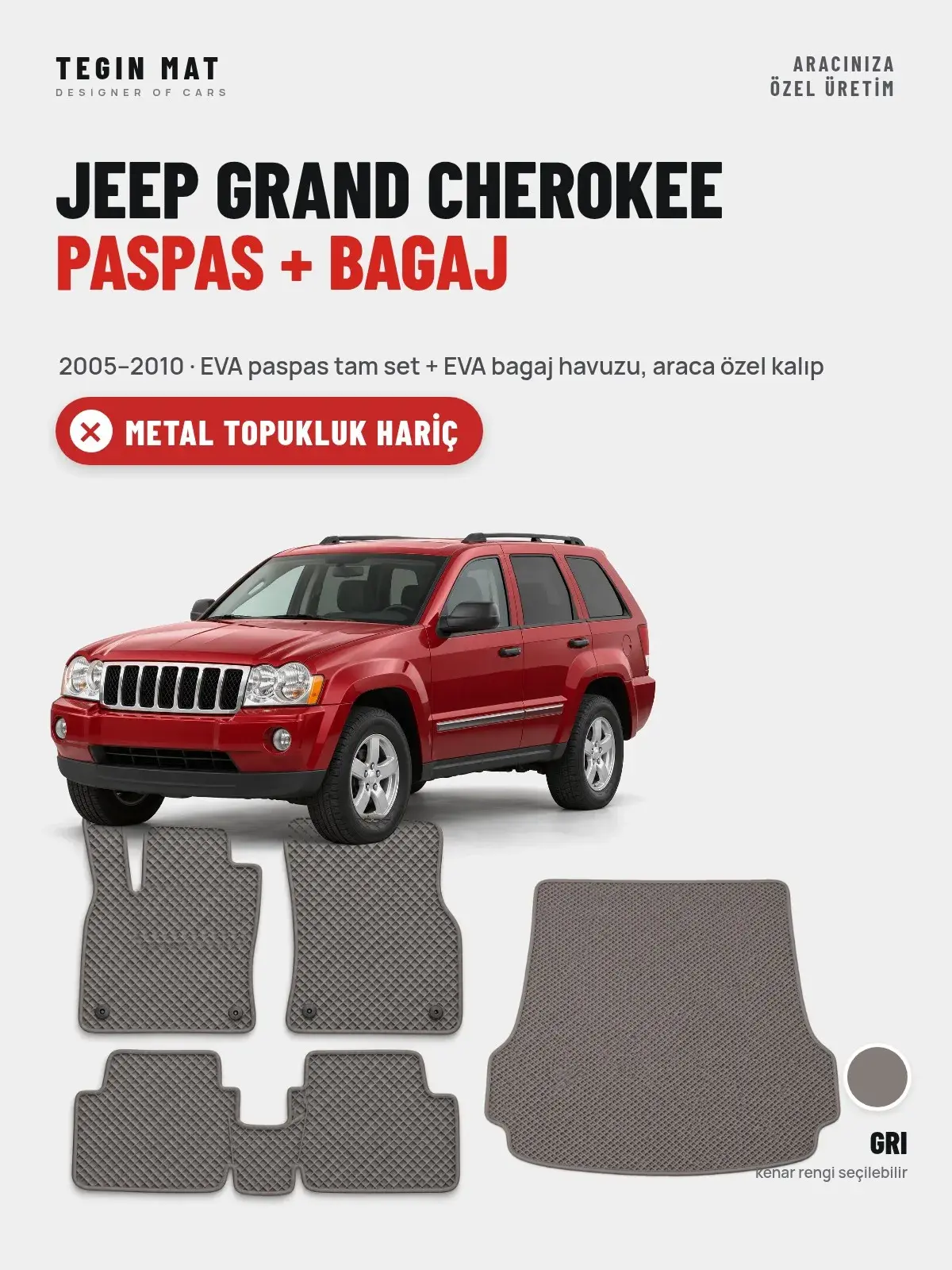 Jeep Grand Cherokee EVA Paspas + Bagaj Havuzu Seti (2005–2010) Gri – Metal Topukluk Hariç (1)