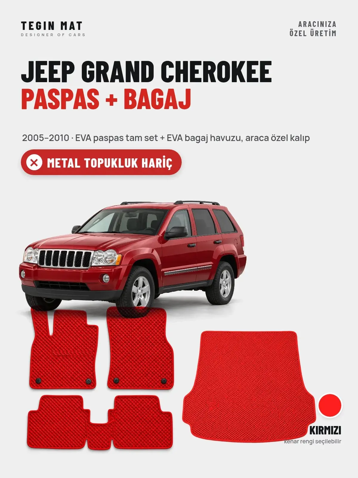 Jeep Grand Cherokee EVA Paspas + Bagaj Havuzu Seti (2005–2010) Kırmızı – Metal Topukluk Hariç (1)