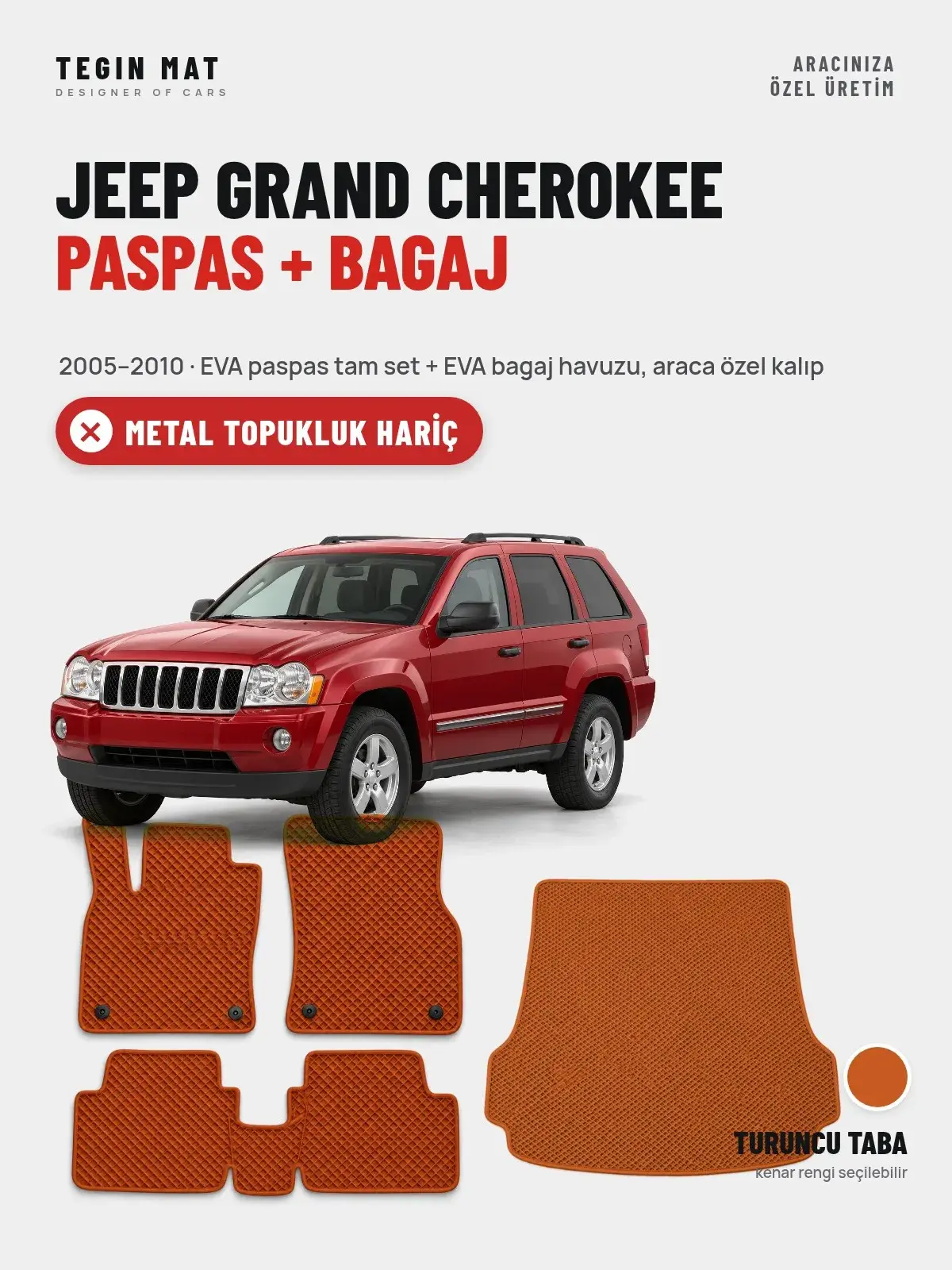 Jeep Grand Cherokee EVA Paspas + Bagaj Havuzu Seti (2005–2010) Turuncu Taba – Metal Topukluk Hariç (1)