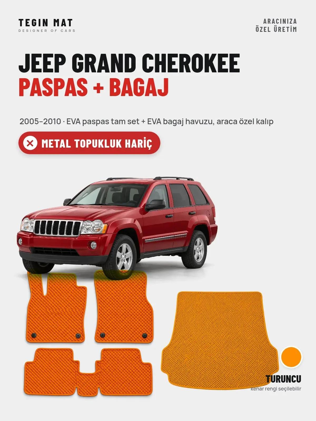 Jeep Grand Cherokee EVA Paspas + Bagaj Havuzu Seti (2005–2010) Turuncu – Metal Topukluk Hariç (1)