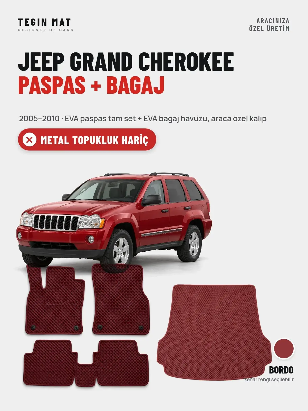 Jeep Grand Cherokee EVA Paspas + Bagaj Havuzu Seti (2005–2010) Bordo – Metal Topukluk Hariç (1)