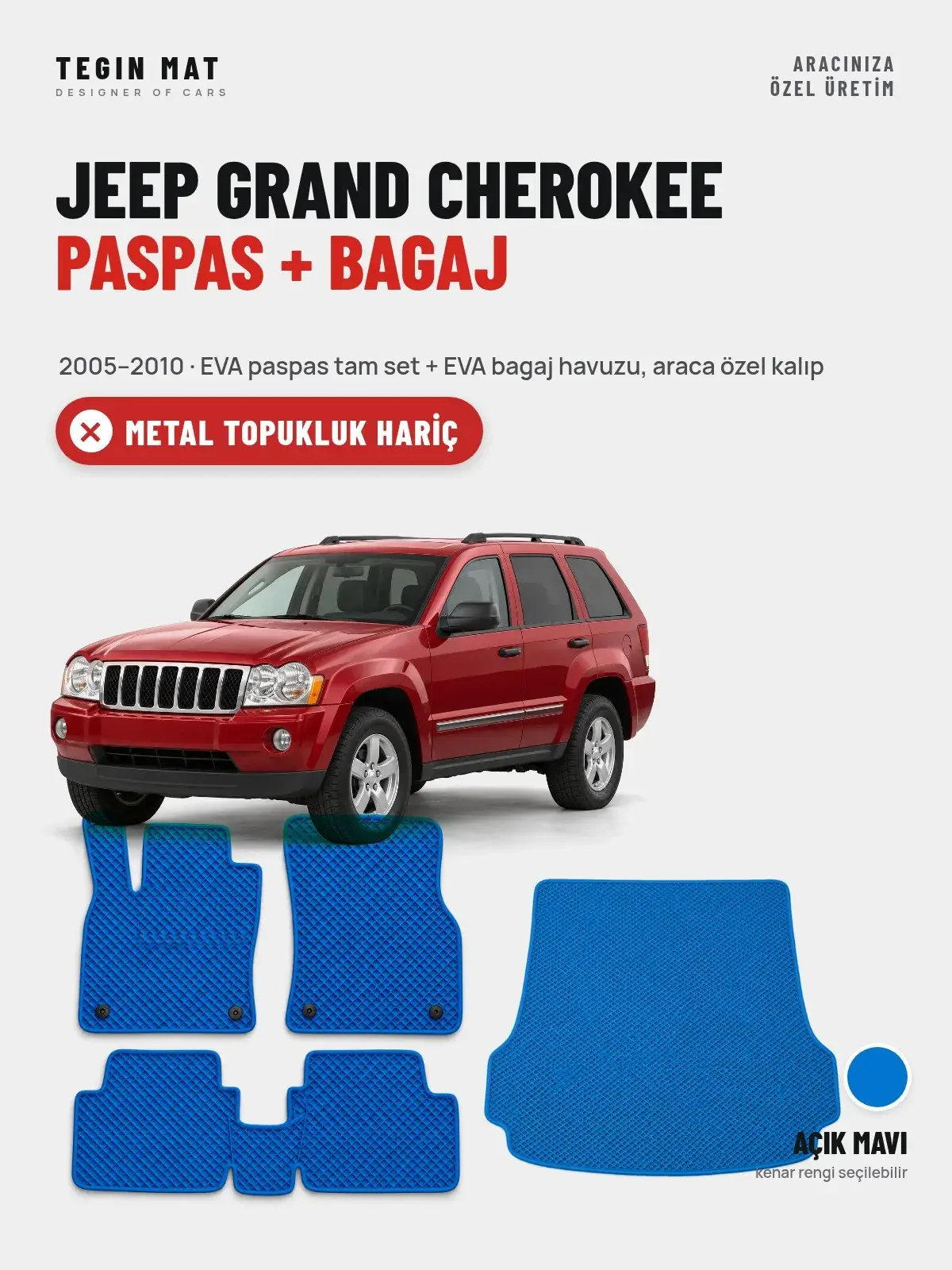 Jeep Grand Cherokee EVA Paspas + Bagaj Havuzu Seti (2005–2010) Açık Mavi – Metal Topukluk Hariç (1)