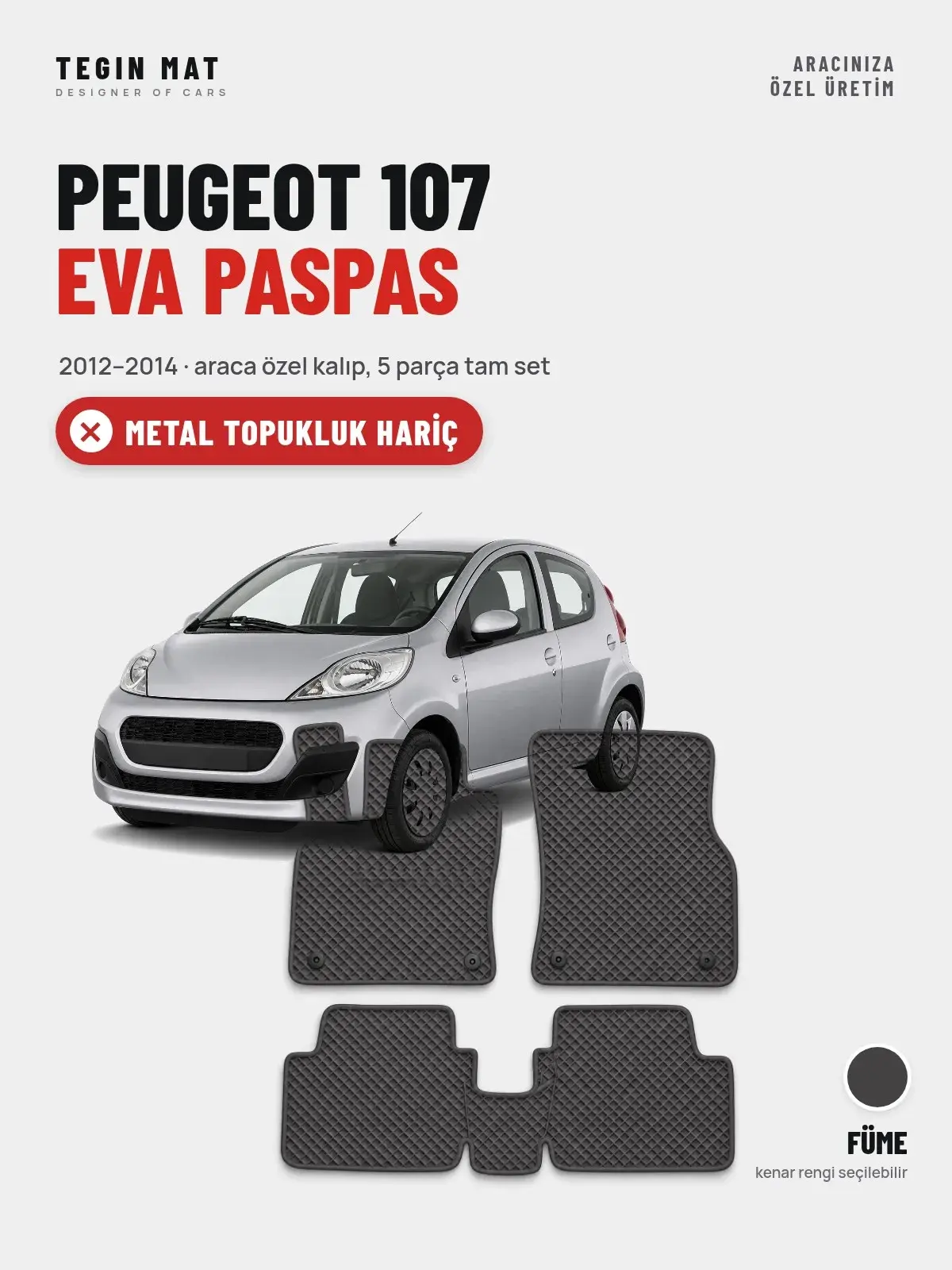 Peugeot 107 EVA Oto Paspas Tam Set (2012–2014) Füme – Metal Topukluk Hariç (1)
